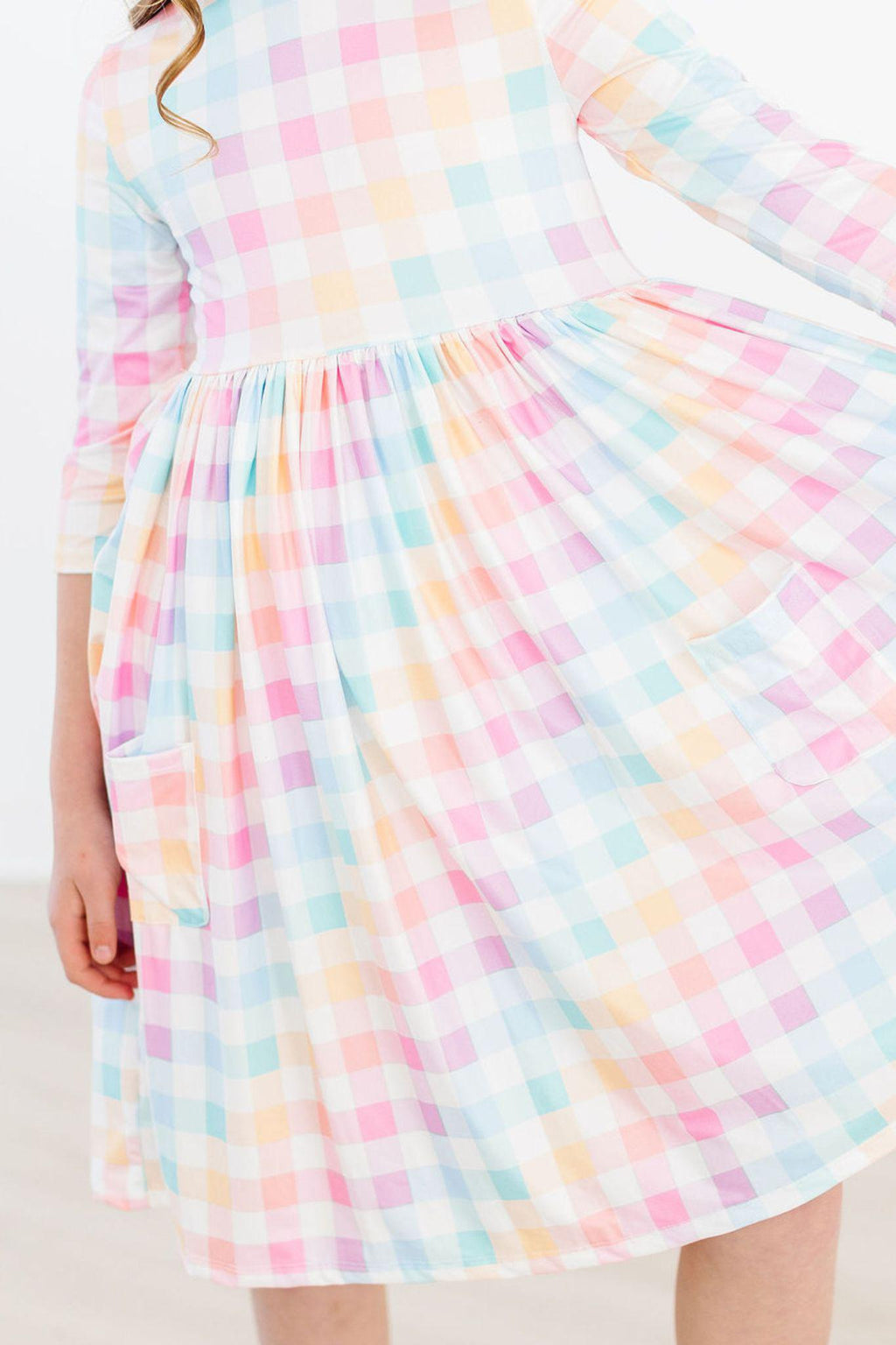Mila & Rose ® Pastel Plaid 3/4 Sleeve Pocket Twirl Dress — in-use photo