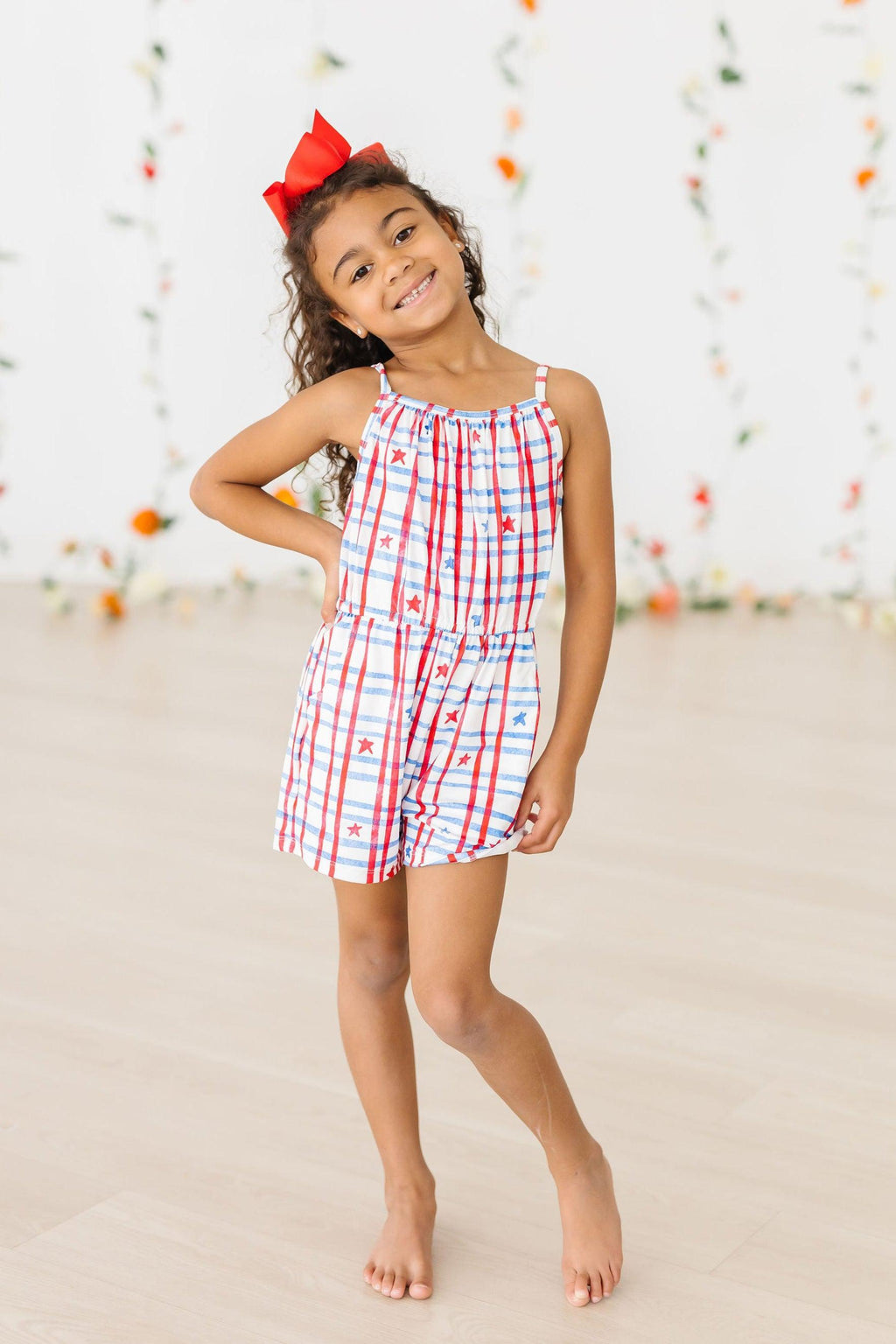 Mila & Rose ® Patriotic Plaid Strappy Play Romper — main product shot