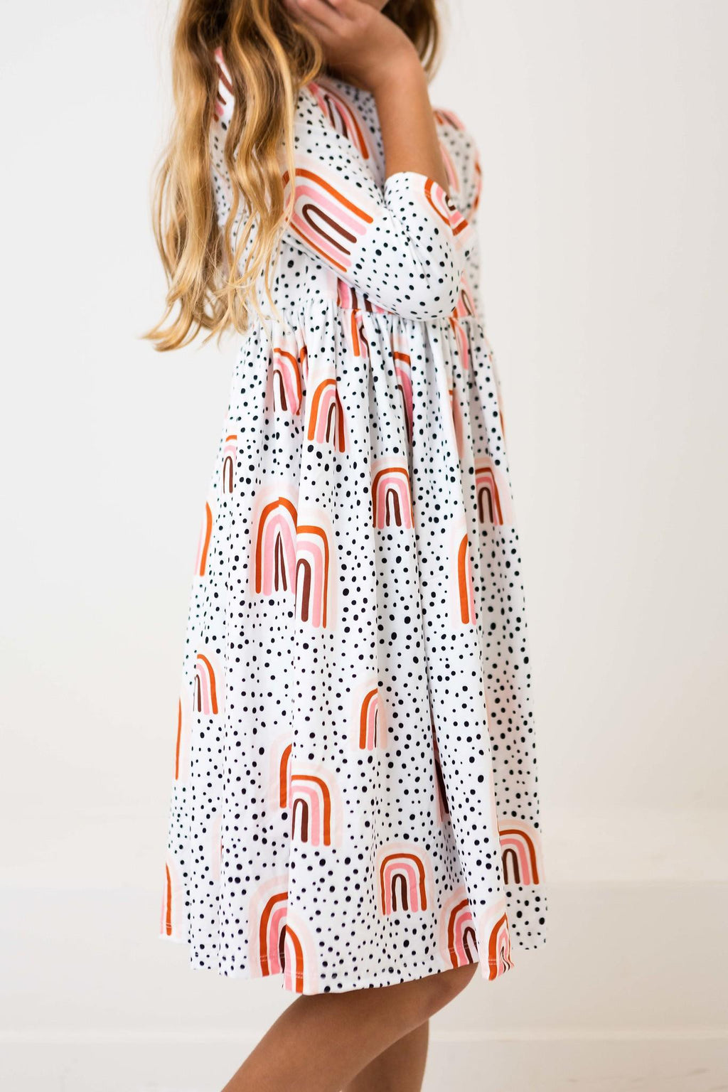 Mila & Rose ® Peach Rainbow 3/4 Sleeve Pocket Twirl Dress — lifestyle context