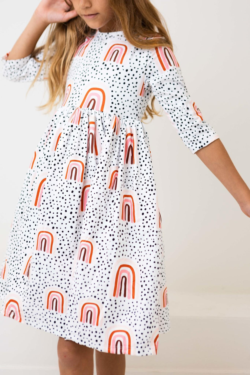 Mila & Rose ® Peach Rainbow 3/4 Sleeve Pocket Twirl Dress — side view