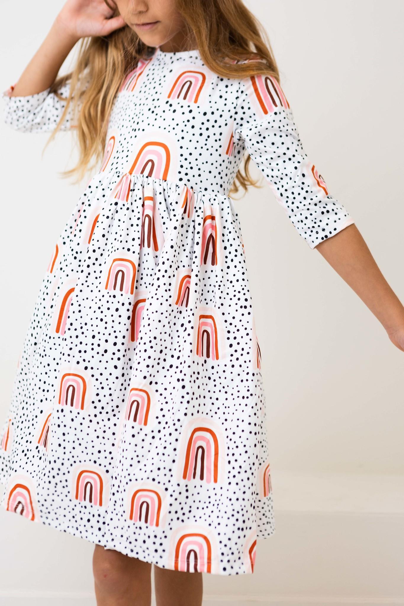 Mila & Rose ® Peach Rainbow 3/4 Sleeve Pocket Twirl Dress — side view