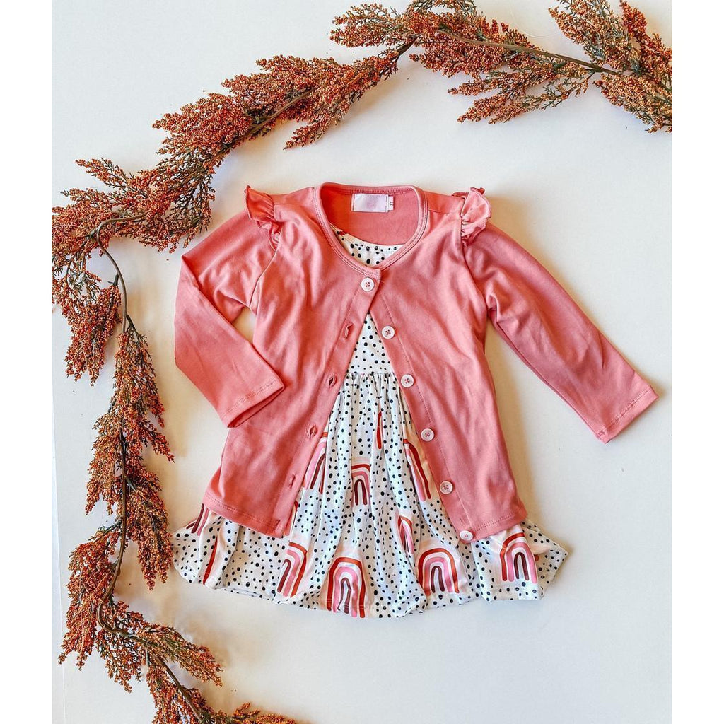 Mila & Rose ® Peach Rainbow 3/4 Sleeve Pocket Twirl Dress — back view