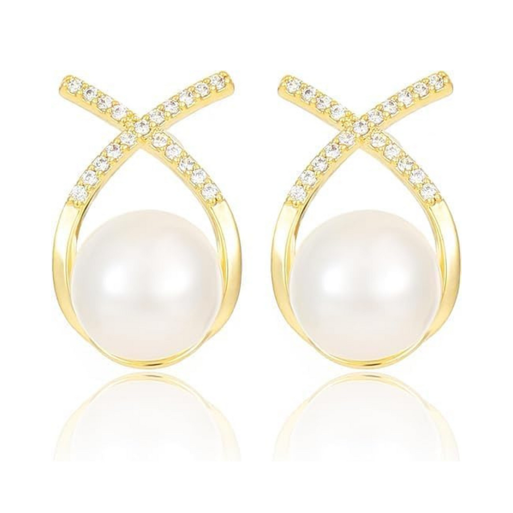 SORI STYLE Elegant Gold Plated Pearl Stud Cross Earrings — main product shot