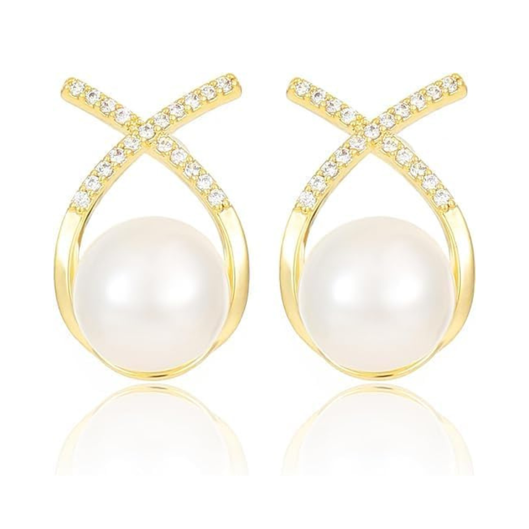 SORI STYLE Elegant Gold Plated Pearl Stud Cross Earrings — main product shot