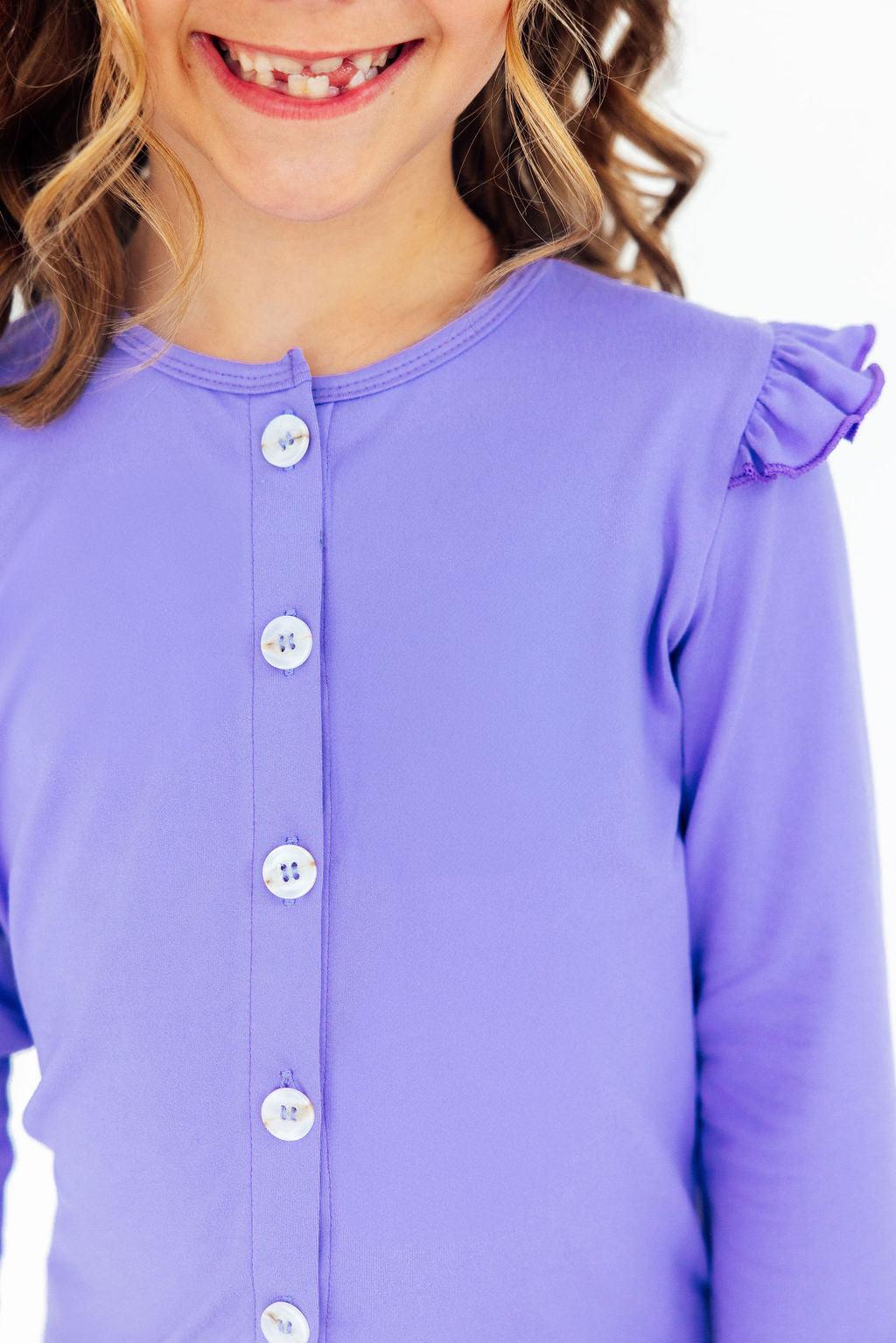 Mila & Rose ® Periwinkle Ruffle Cardigan — detail close-up