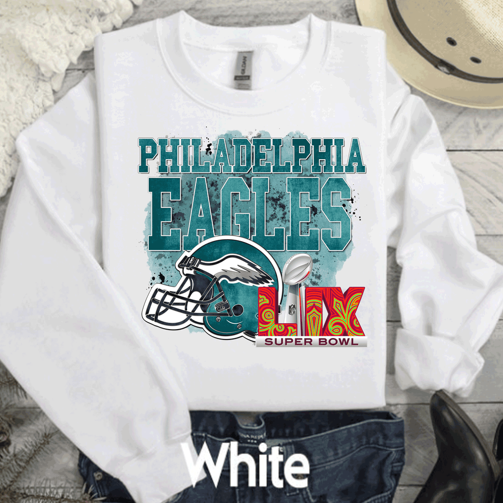 A Blessed Texas Mess Boutique Super Bowl Philadelphia Football Sweatshirt, Philly T-shirt, Trending Eagles… — A Blessed Texas Mess Boutique branding close-up