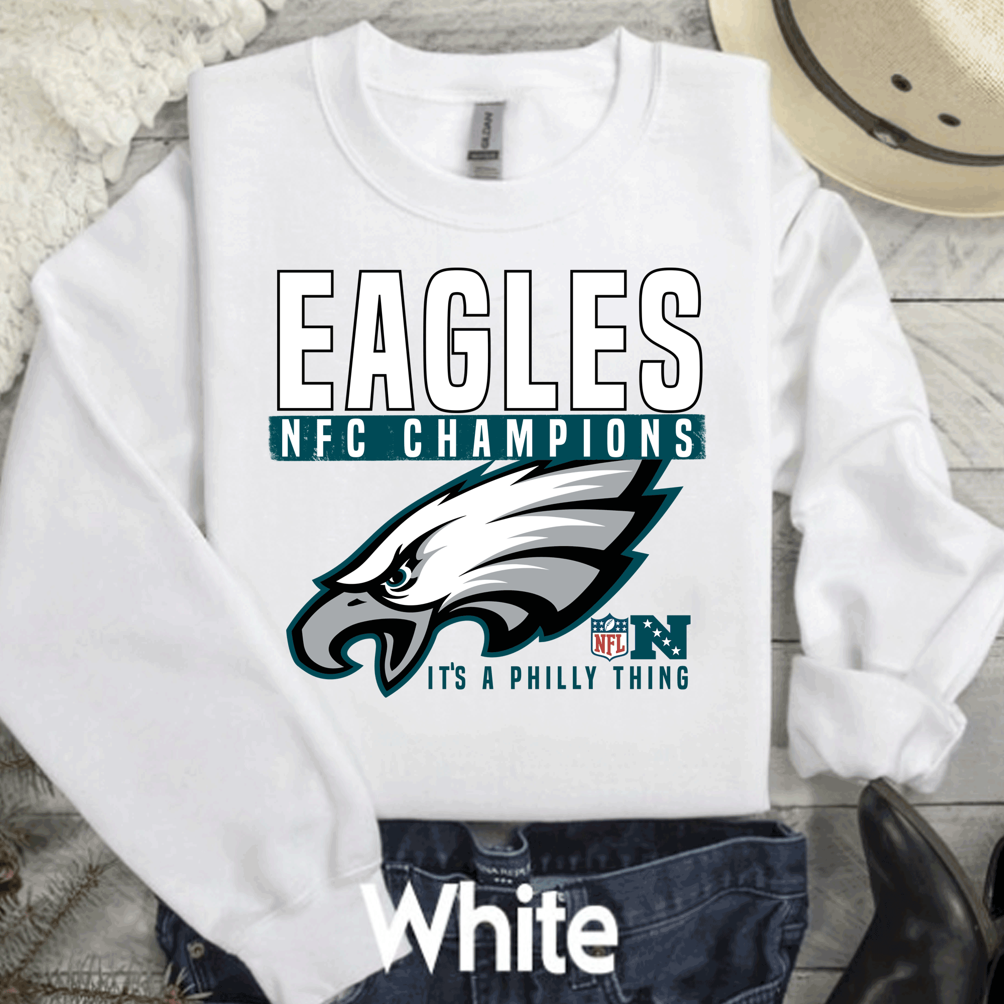 A Blessed Texas Mess Boutique NFC Championships Philadelphia Football Sweatshirt, Philly T-shirt, Trending… — construction detail
