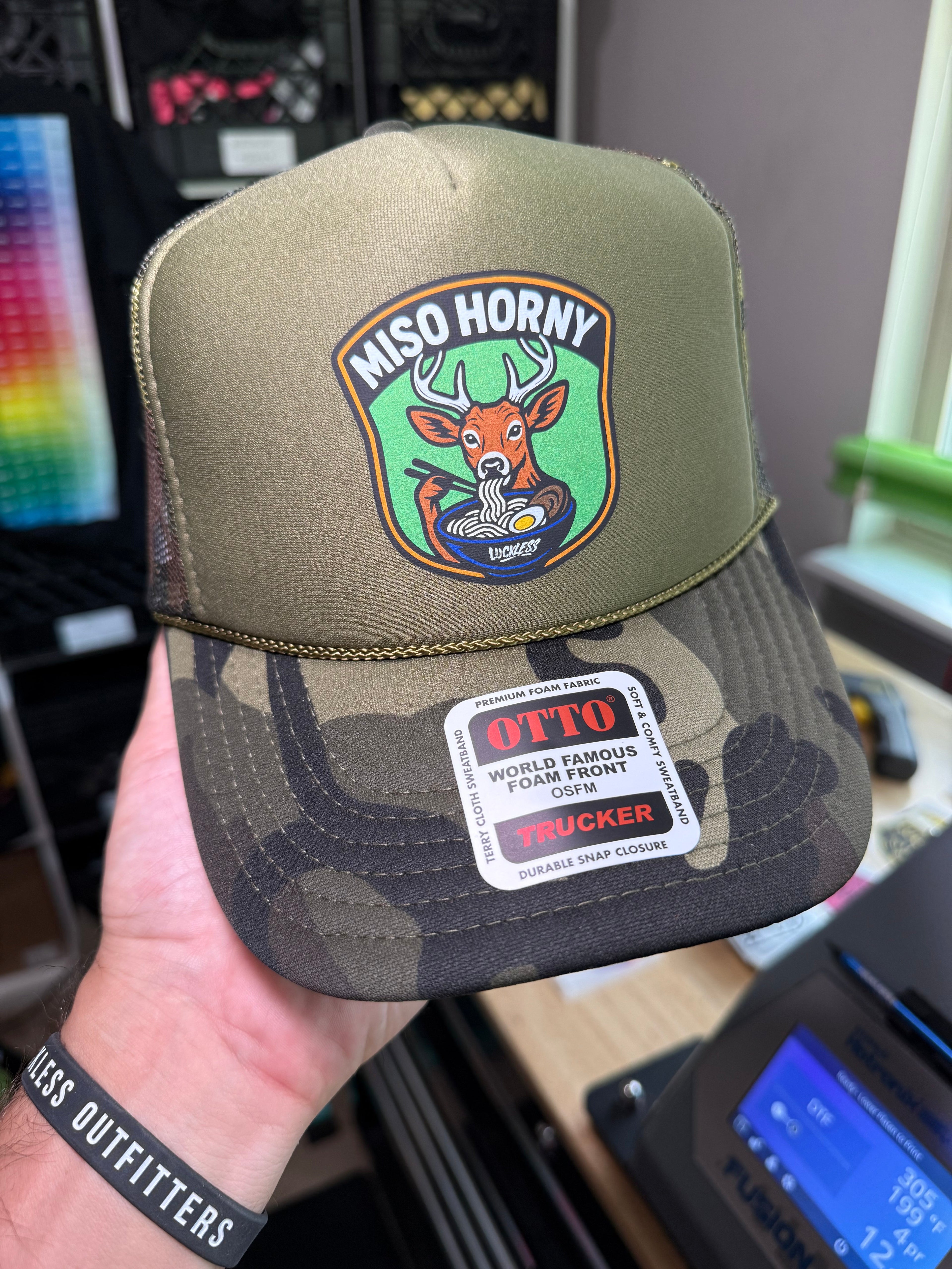 Luckless Outfitters Miso Horny Trucker Hat — detail close-up