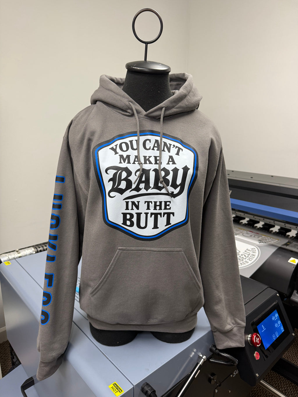 Luckless Outfitters You Cant Make A Baby In The Butt Hoodie — side view