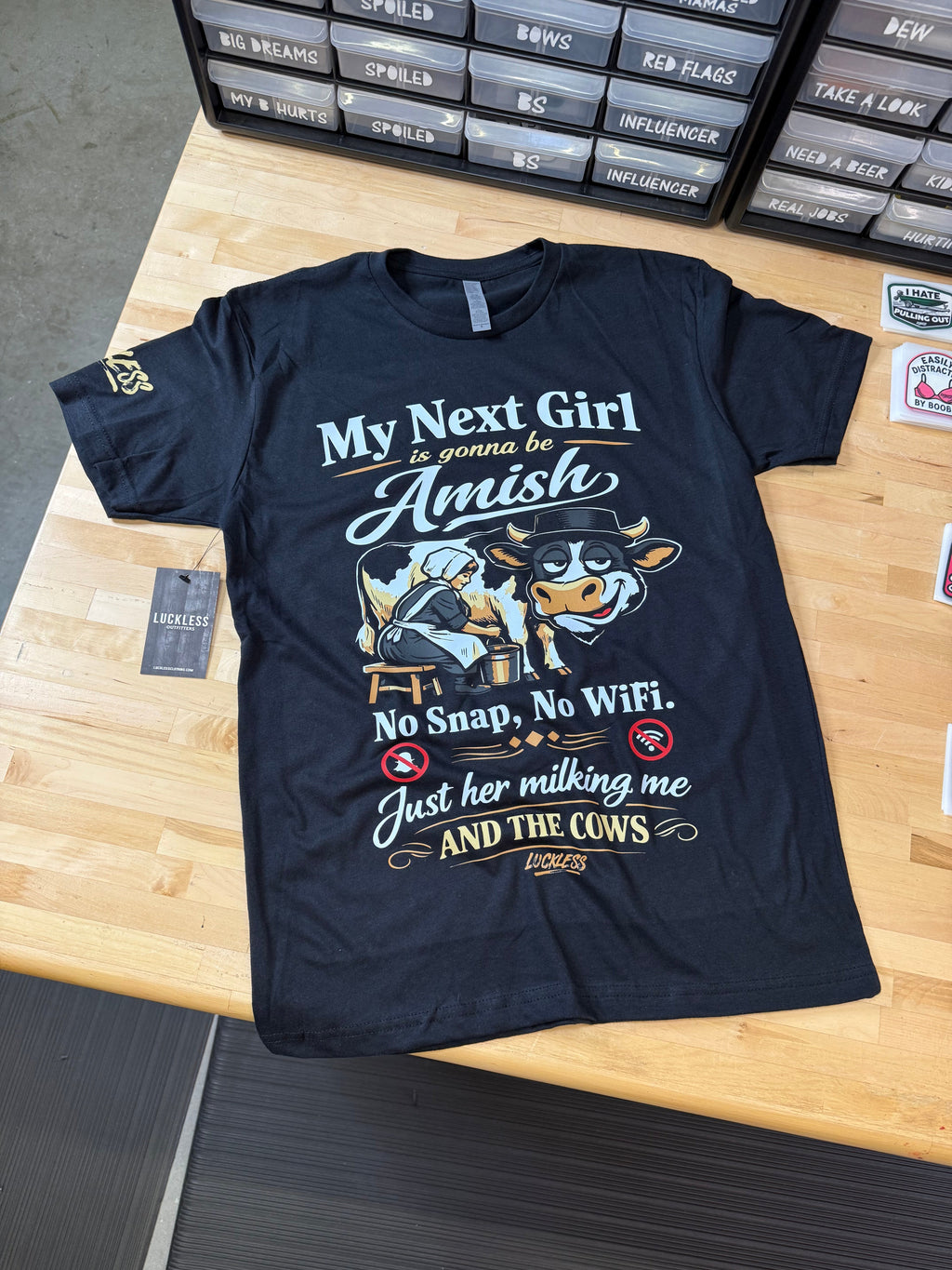 Luckless Outfitters My Next Girl is Gonna Be Amish Tee — detail close-up