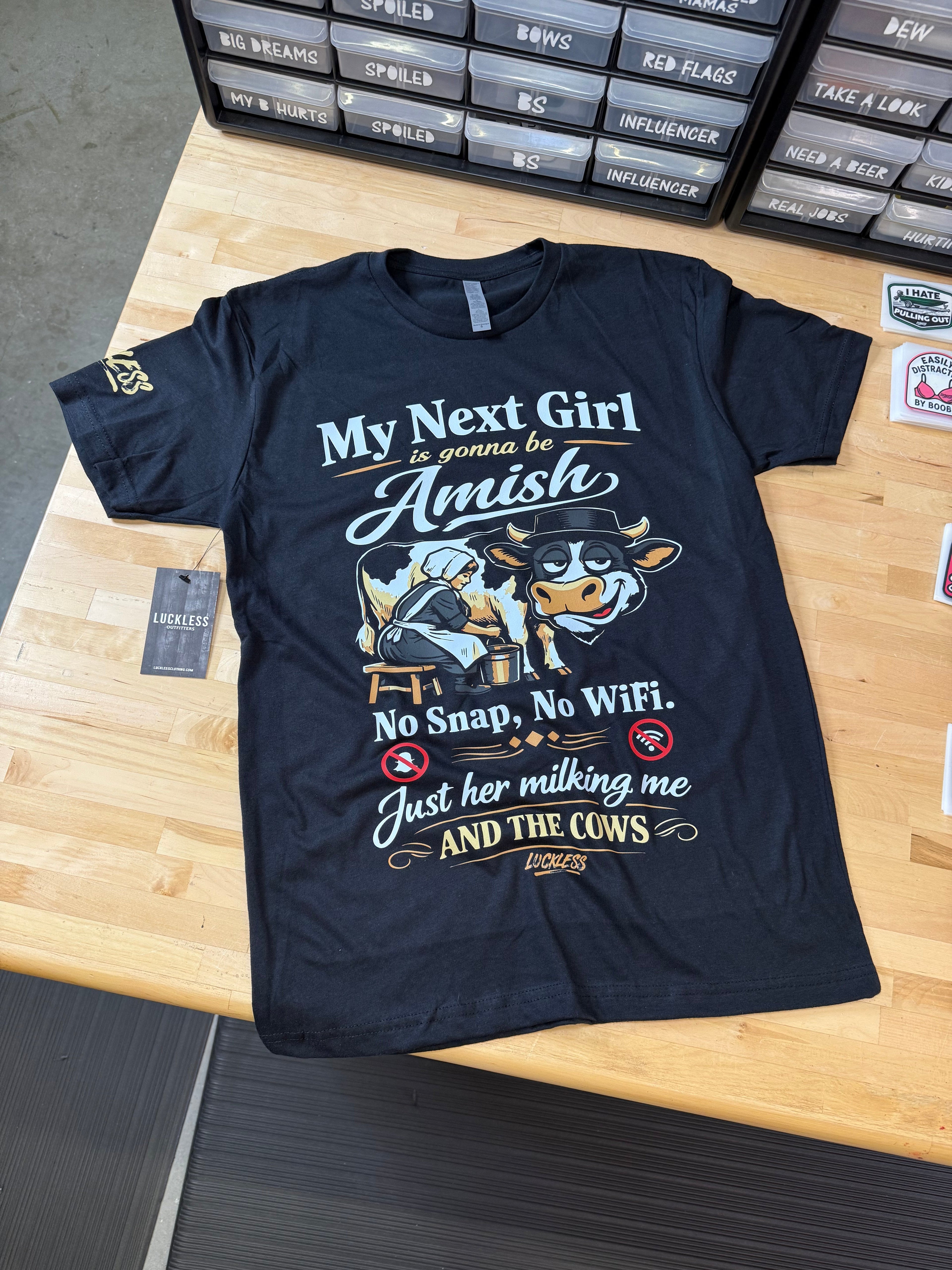 Luckless Outfitters My Next Girl is Gonna Be Amish Tee — detail close-up