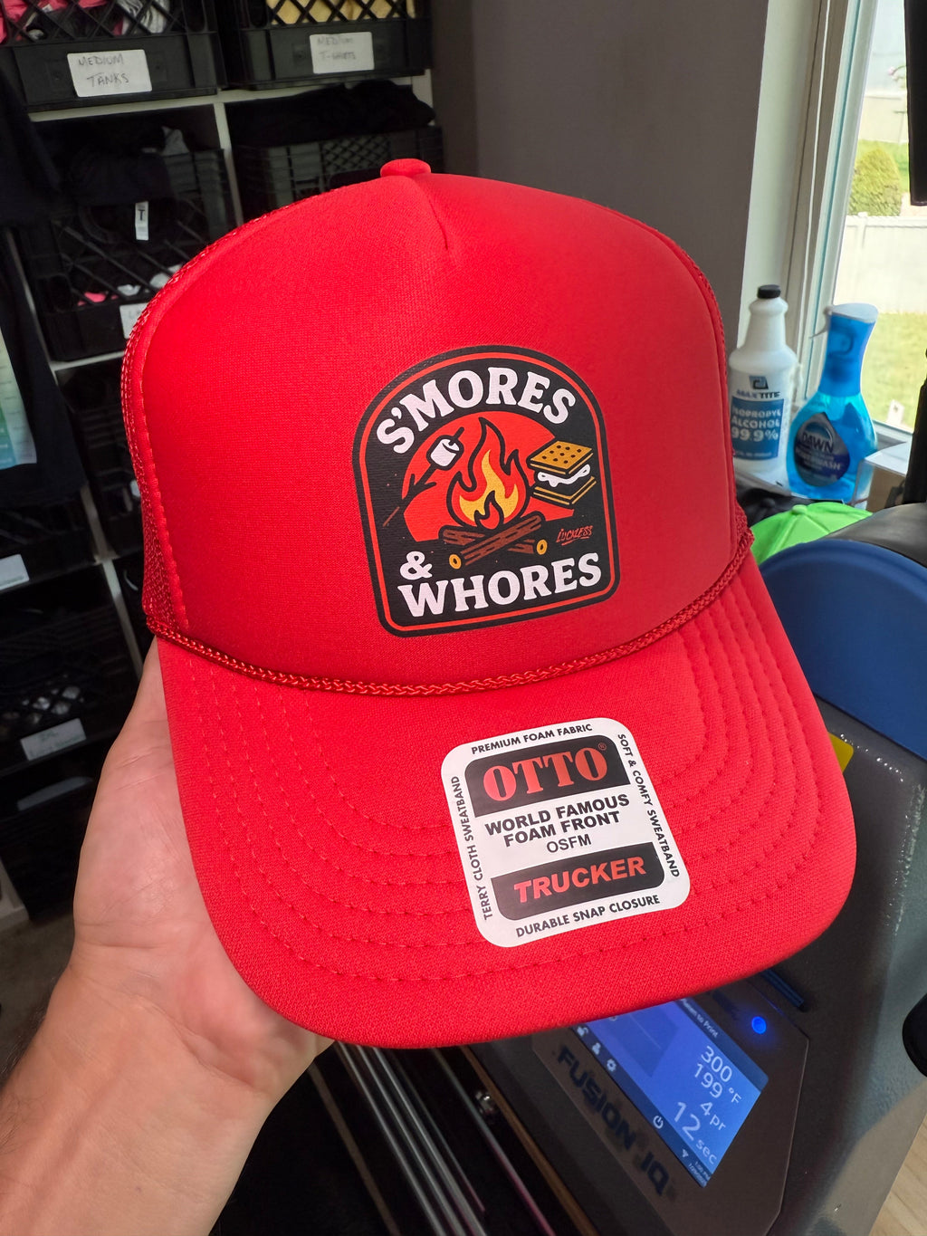 Luckless Outfitters S'mores & Whores Trucker Hat — back view