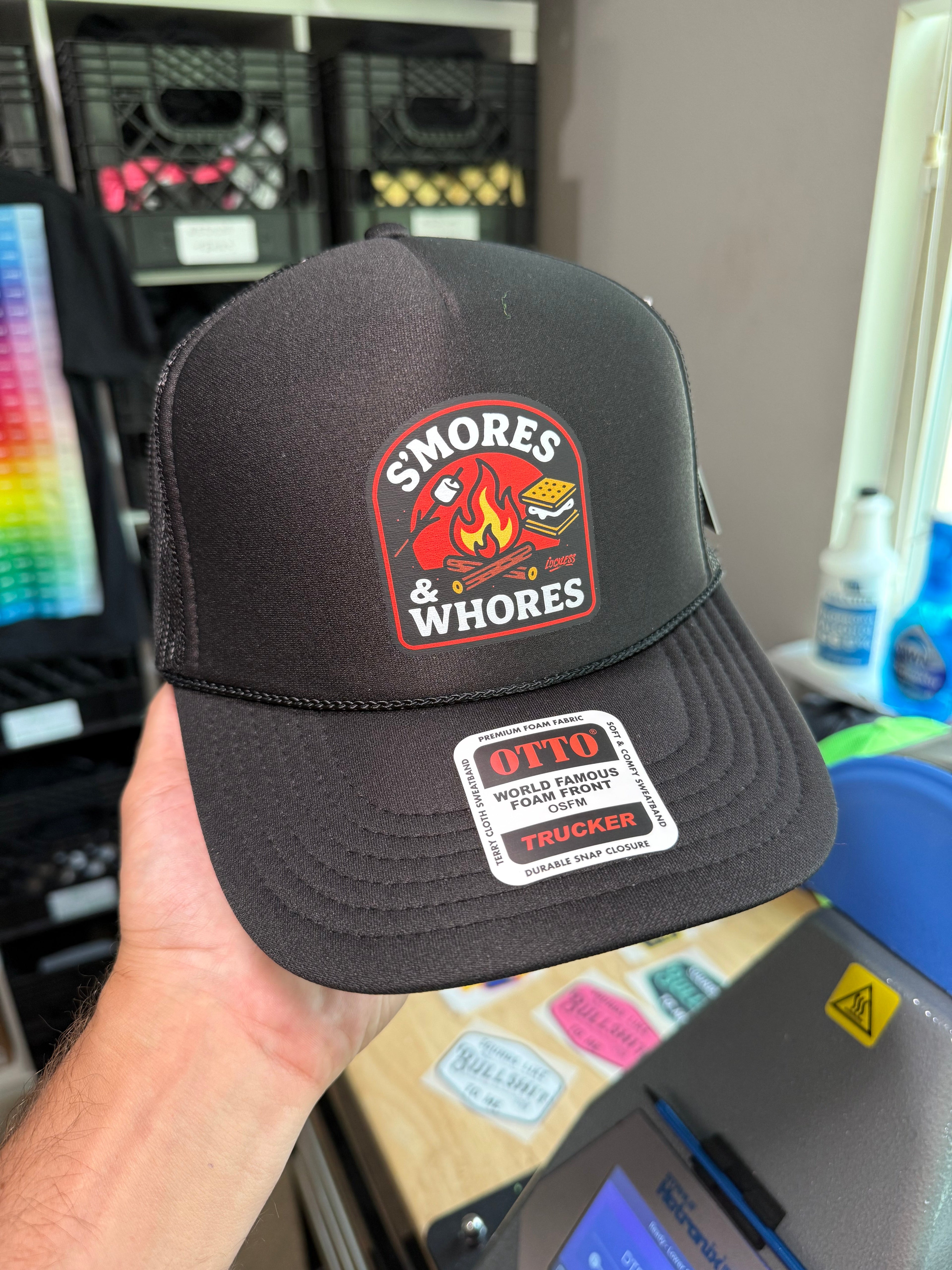 Luckless Outfitters S'mores & Whores Trucker Hat — in-use photo