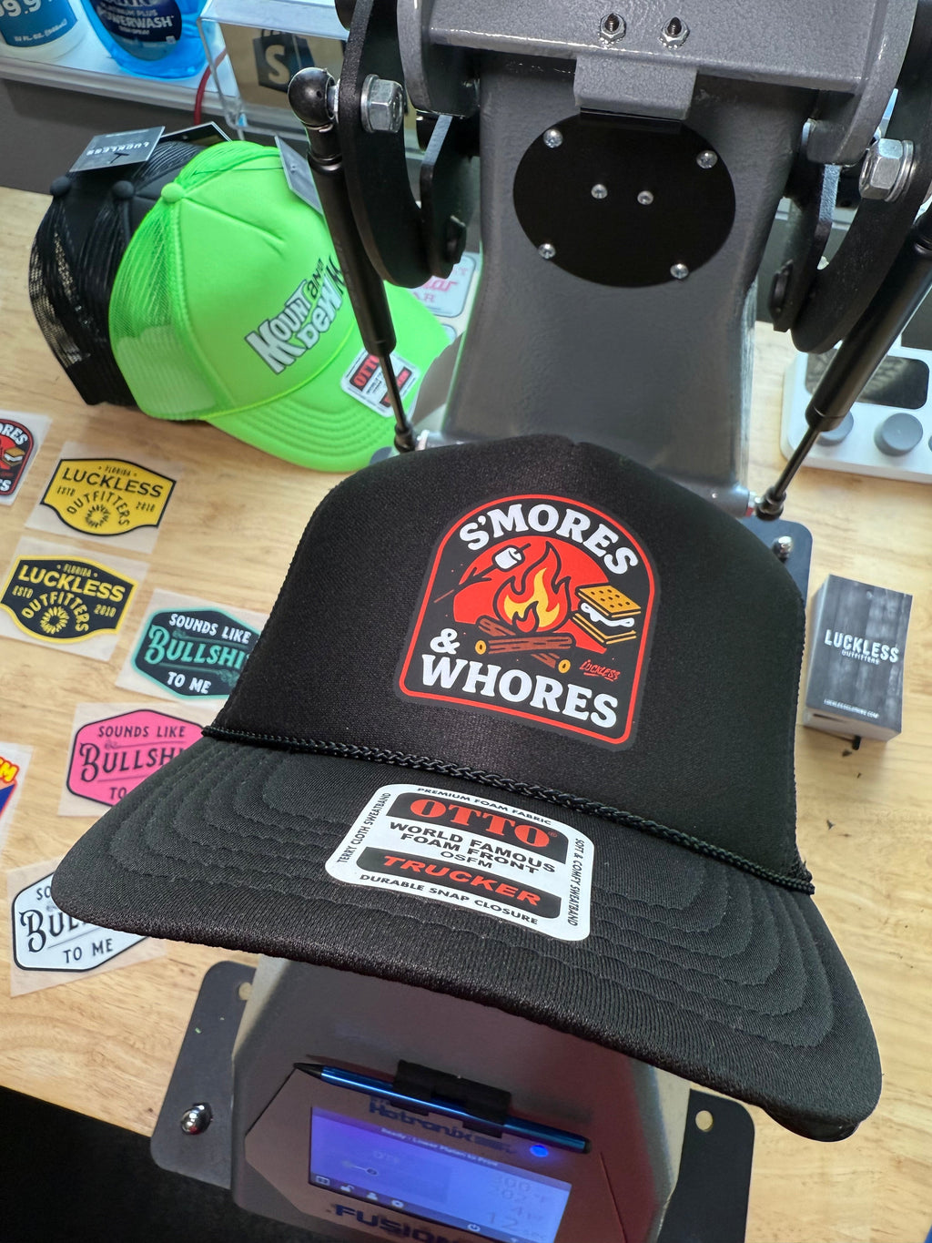Luckless Outfitters S'mores & Whores Trucker Hat — fabric or material detail