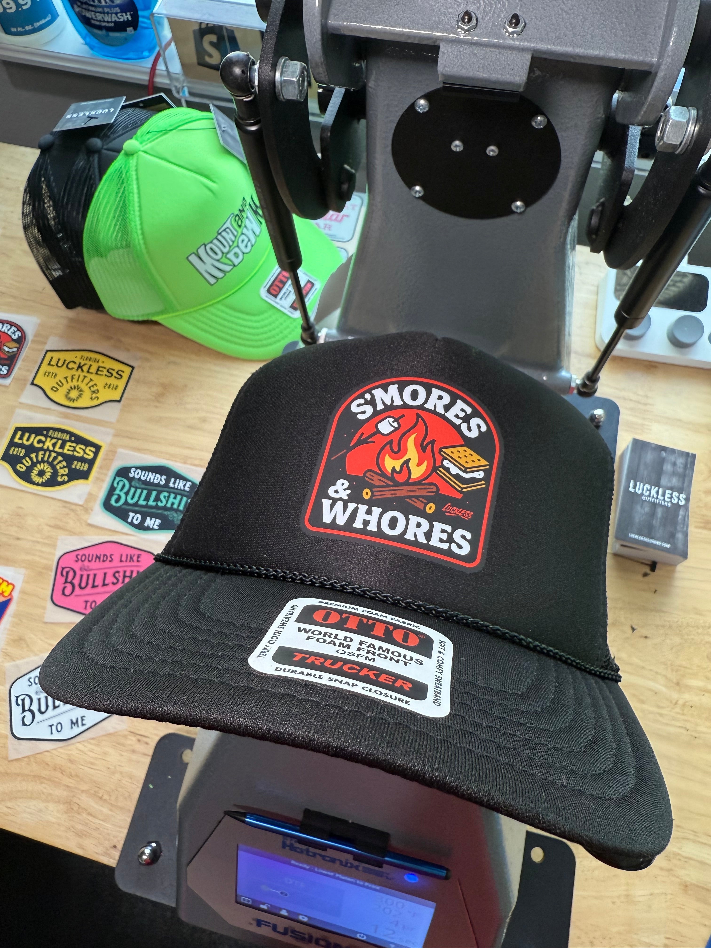 Luckless Outfitters S'mores & Whores Trucker Hat — fabric or material detail