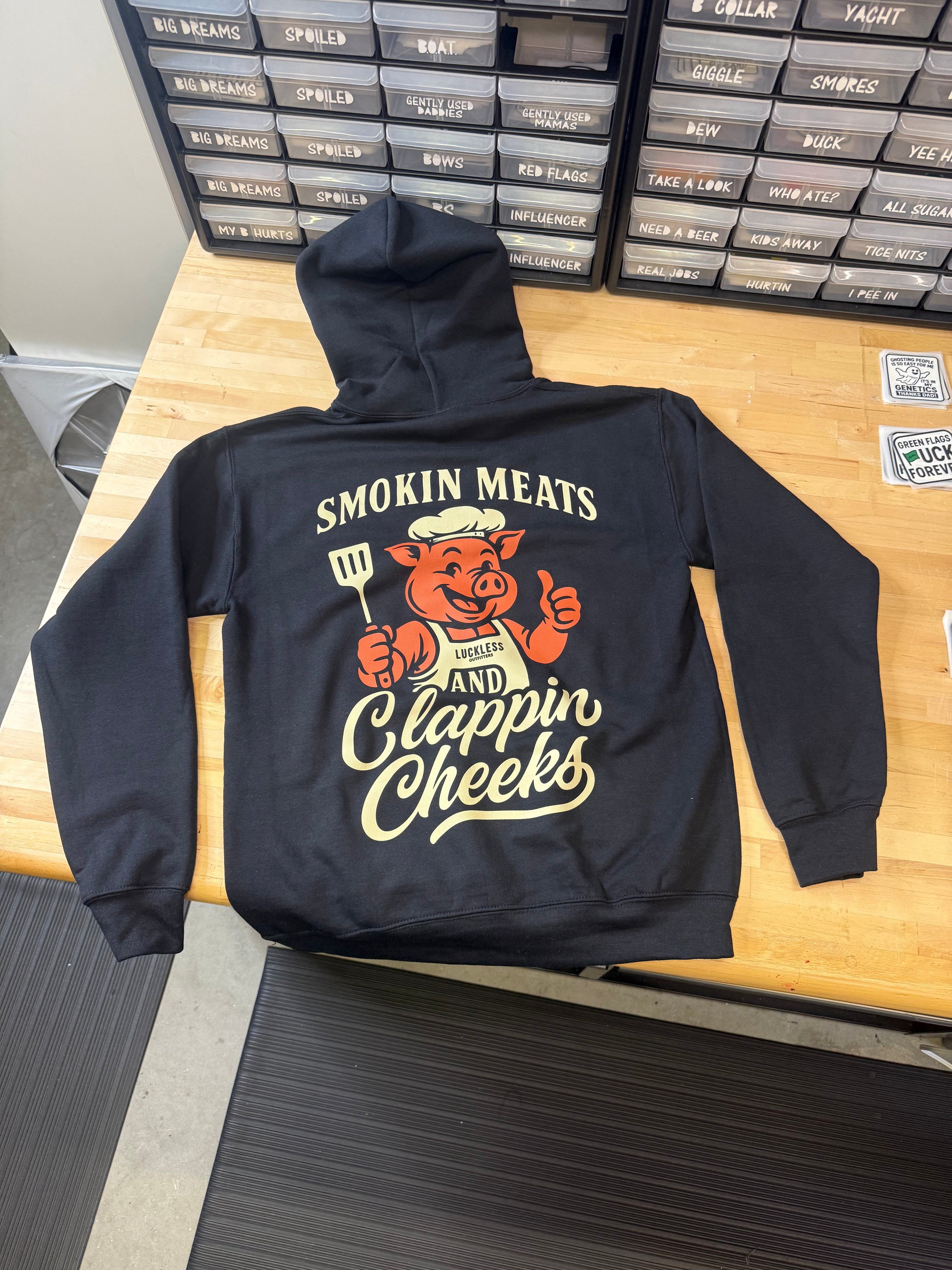 Luckless Outfitters Smokin Meats and Clappin Cheeks Hoodie — side view