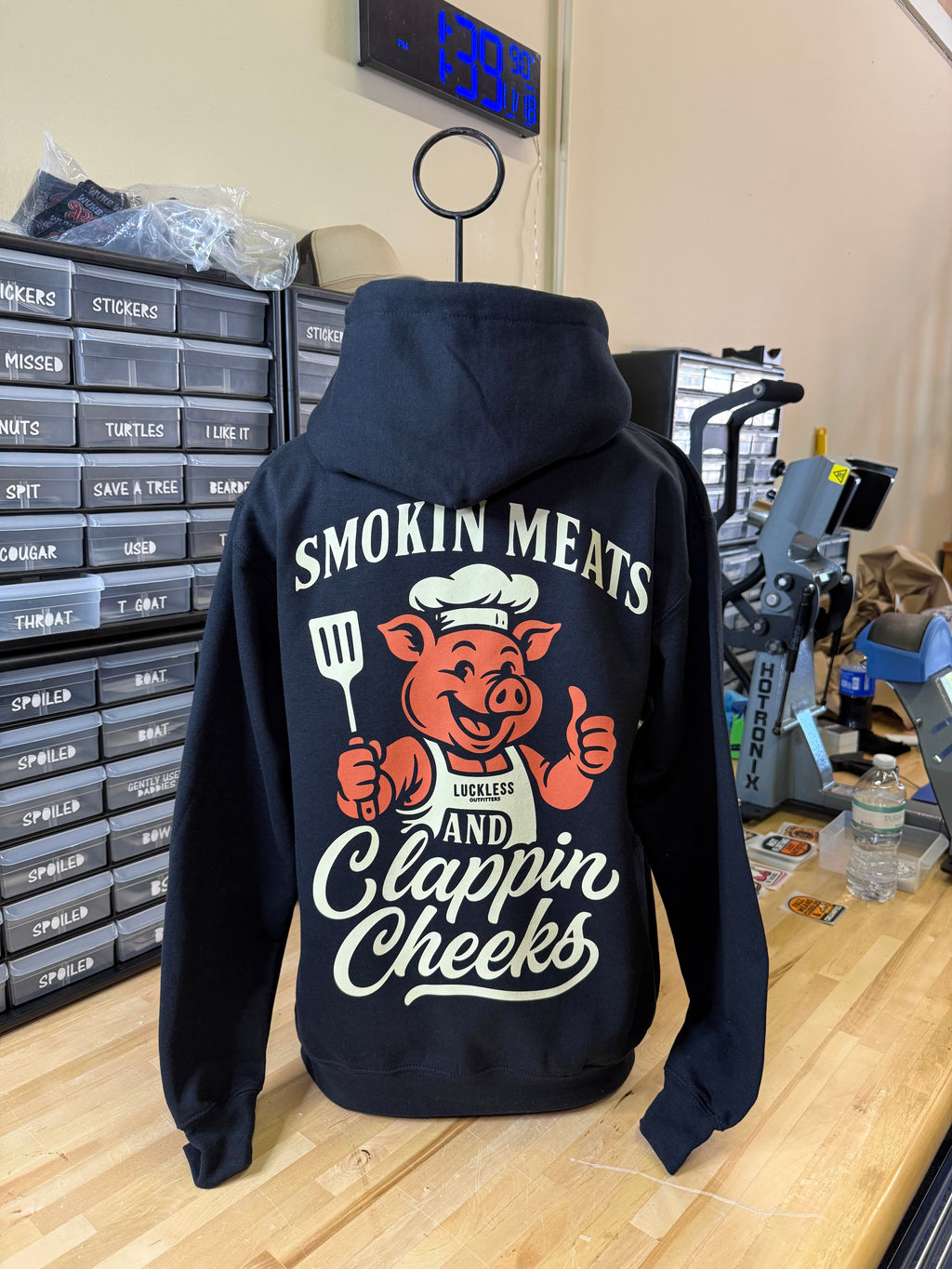 Luckless Outfitters Smokin Meats and Clappin Cheeks Hoodie — detail close-up