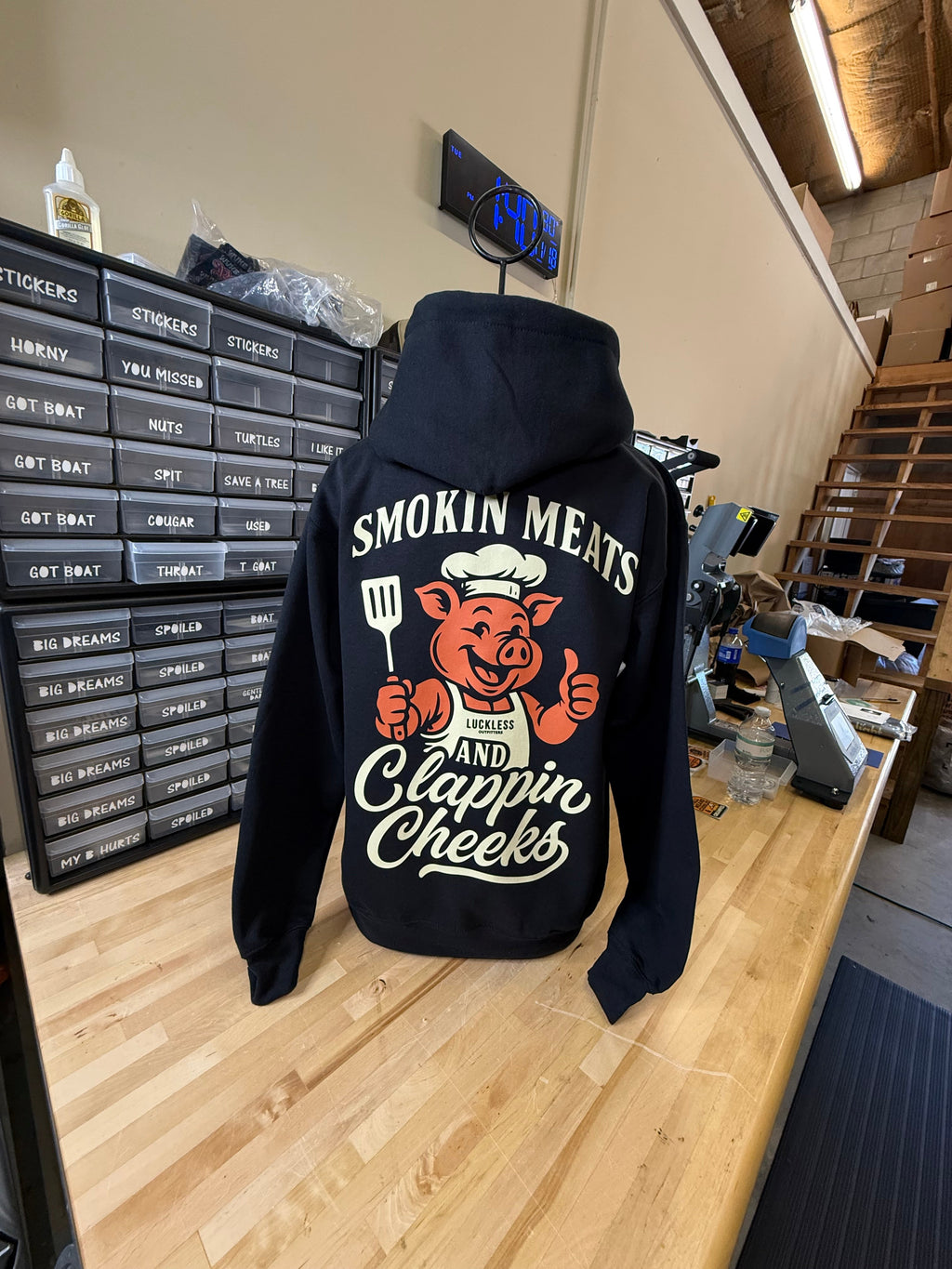 Luckless Outfitters Smokin Meats and Clappin Cheeks Hoodie — lifestyle context