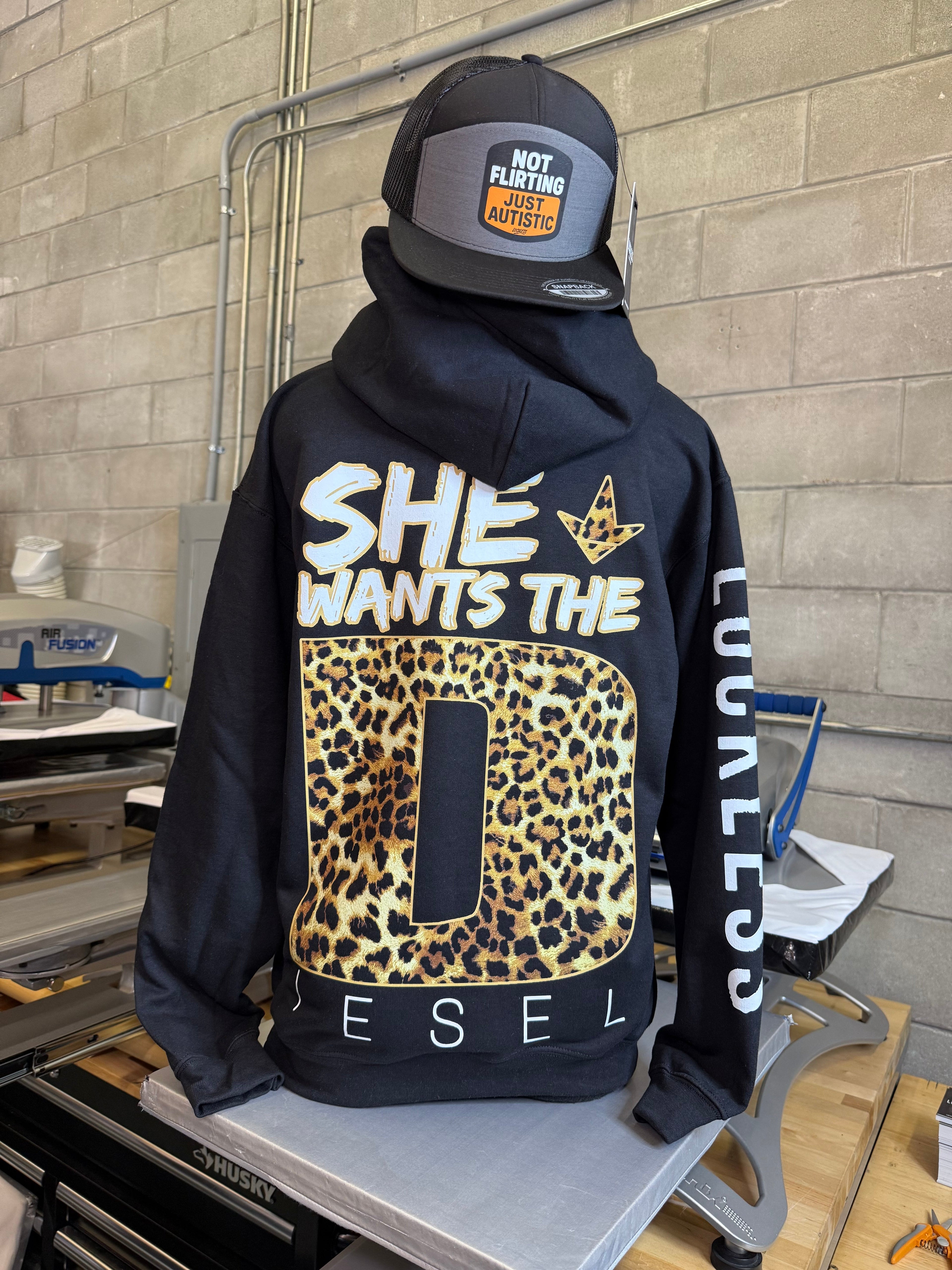 Luckless Outfitters She Wants The Diesel Hoodie Leopard Edition — detail close-up