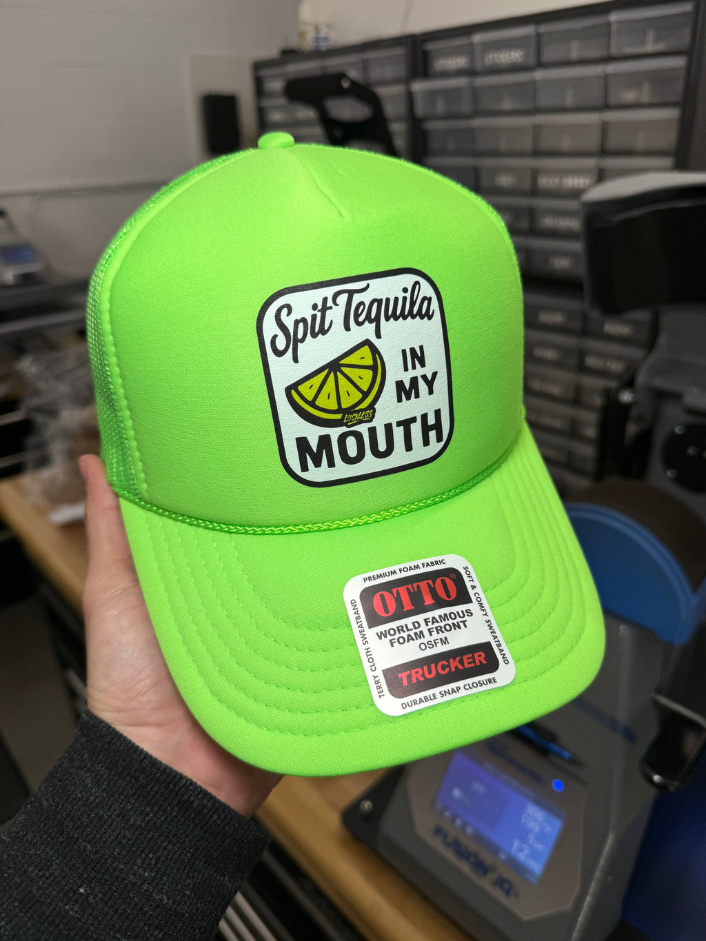 Luckless Outfitters Spit Tequila in My Mouth Trucker Hat — lifestyle context