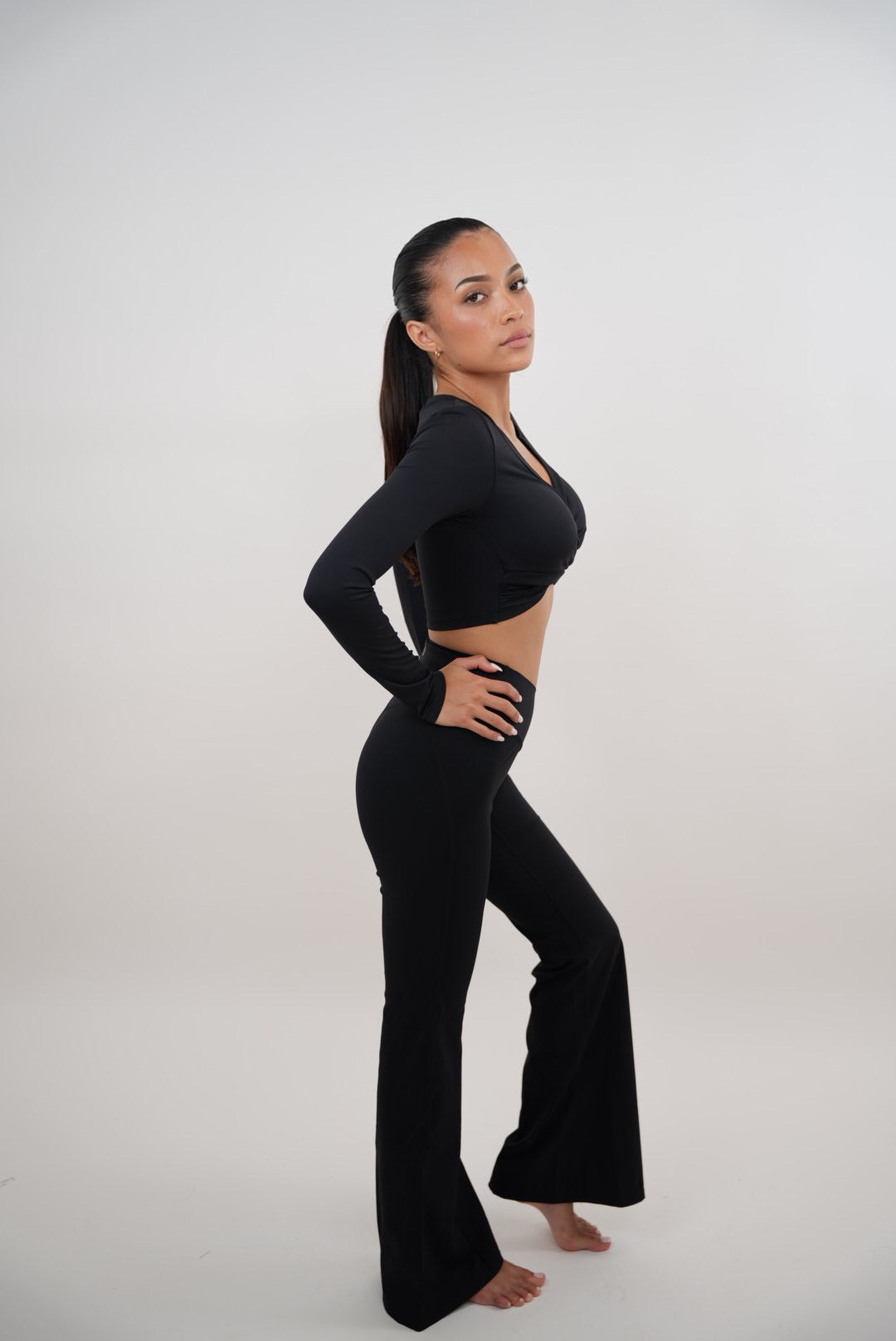 KIMITH BRAND I Am Present Black Stretch Flare Legging — color detail