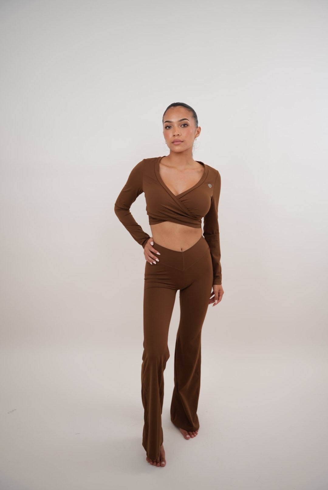 KIMITH BRAND I Am Present Brown Stretch Flare Legging — lifestyle context