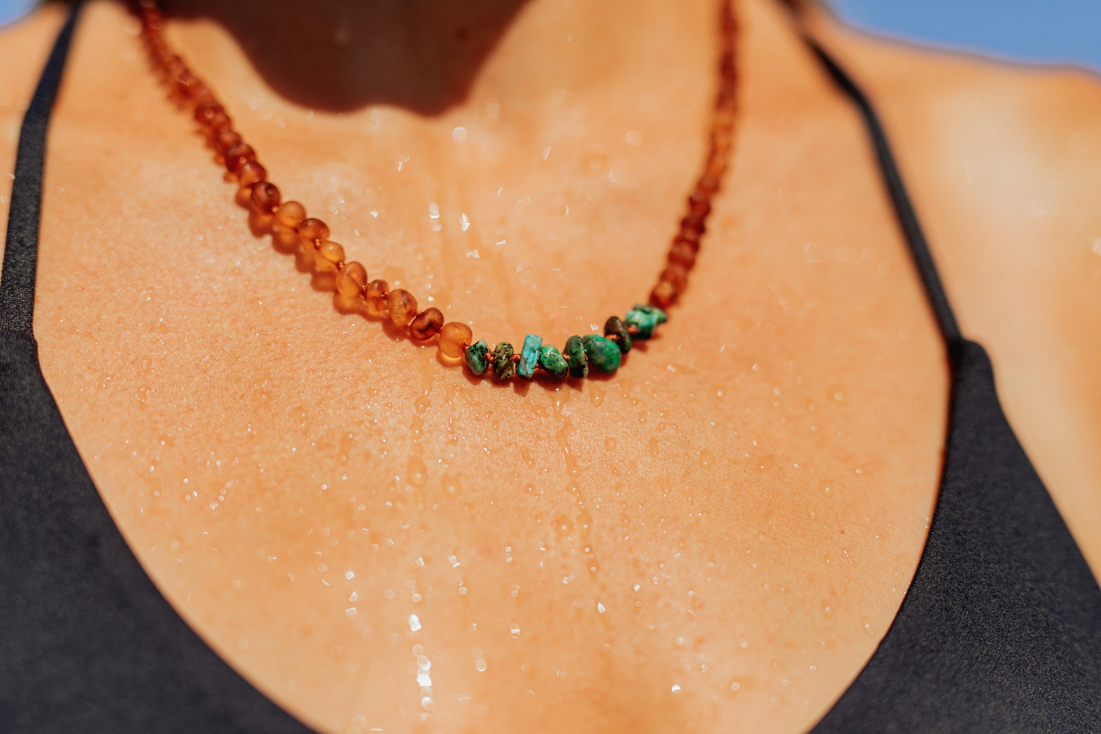 CanyonLeaf Raw Cognac Baltic Amber + Raw Amazonite || Necklace — lifestyle worn / used context