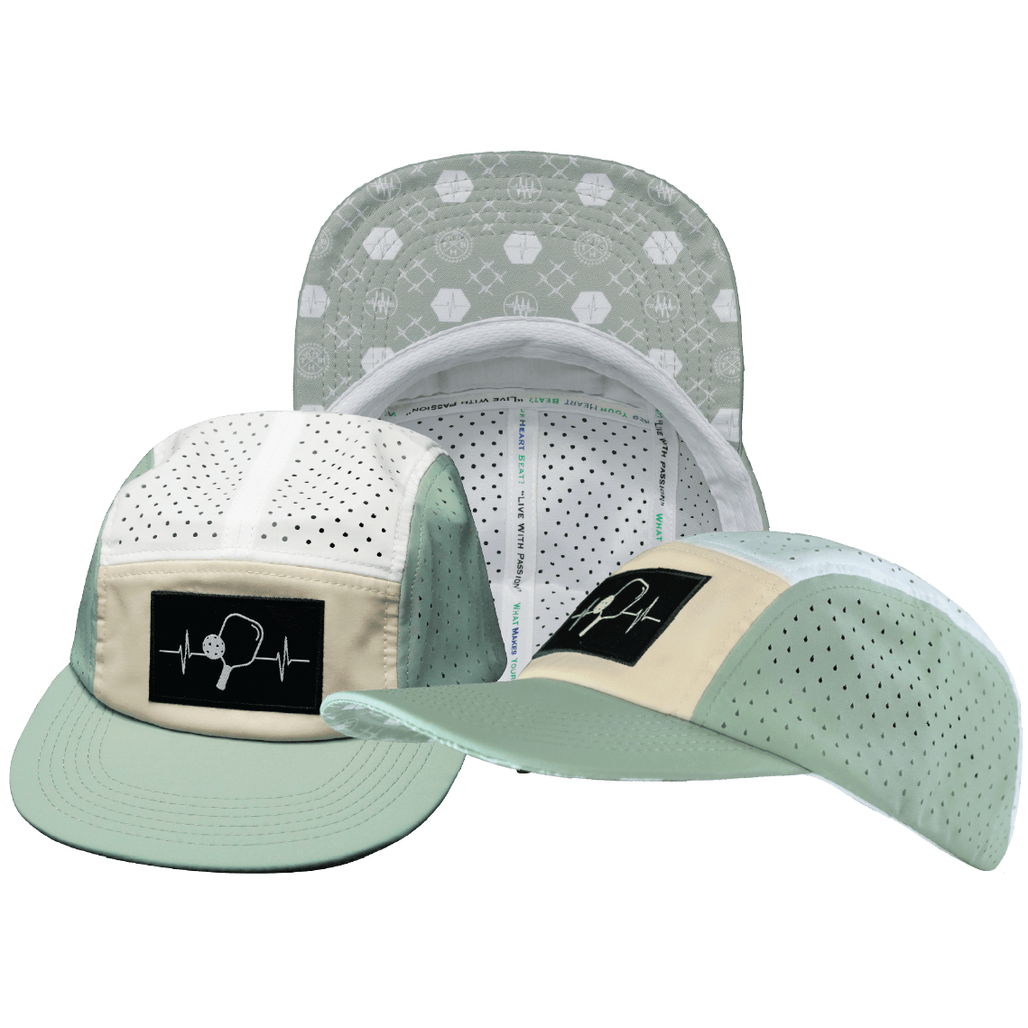 The Heartbeat Brand Pickleball 5 Panel Hat — Sage / Cream / White — main product shot