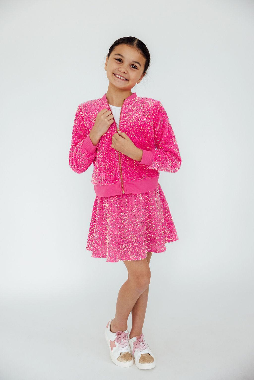 Mila & Rose ® Pink Velvet Sequin Twirl Skort — detail close-up