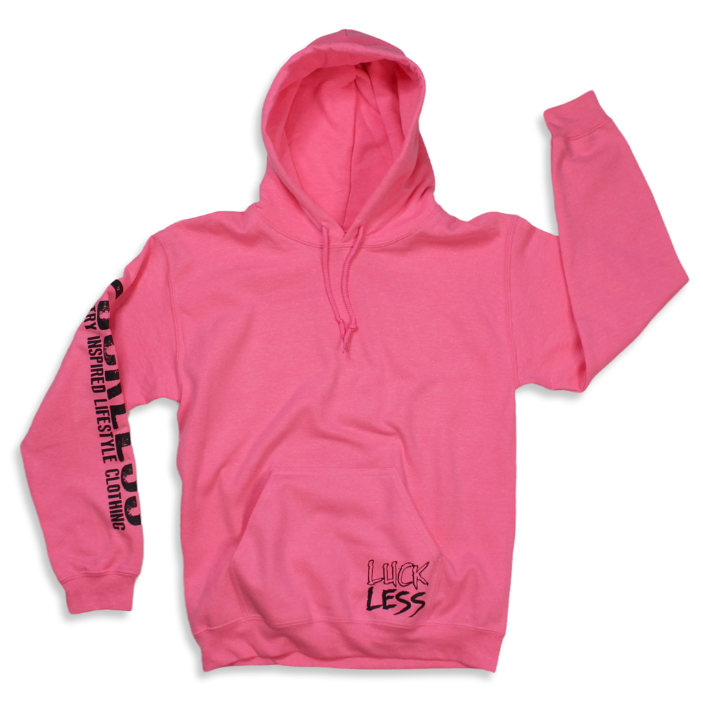 Luckless Outfitters Save a Horse Ride a Blue Collar Man Pink Hoodie — detail close-up