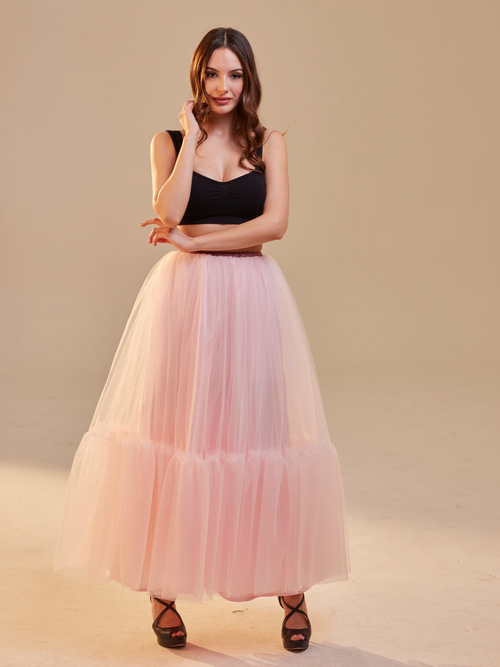 Pink Layered Tulle Skirt , Ruffled Maxi Skirt for Women, Long Tulle Skirt, Elegant Bridesmaid Skirt, – Bridal Port, view 2