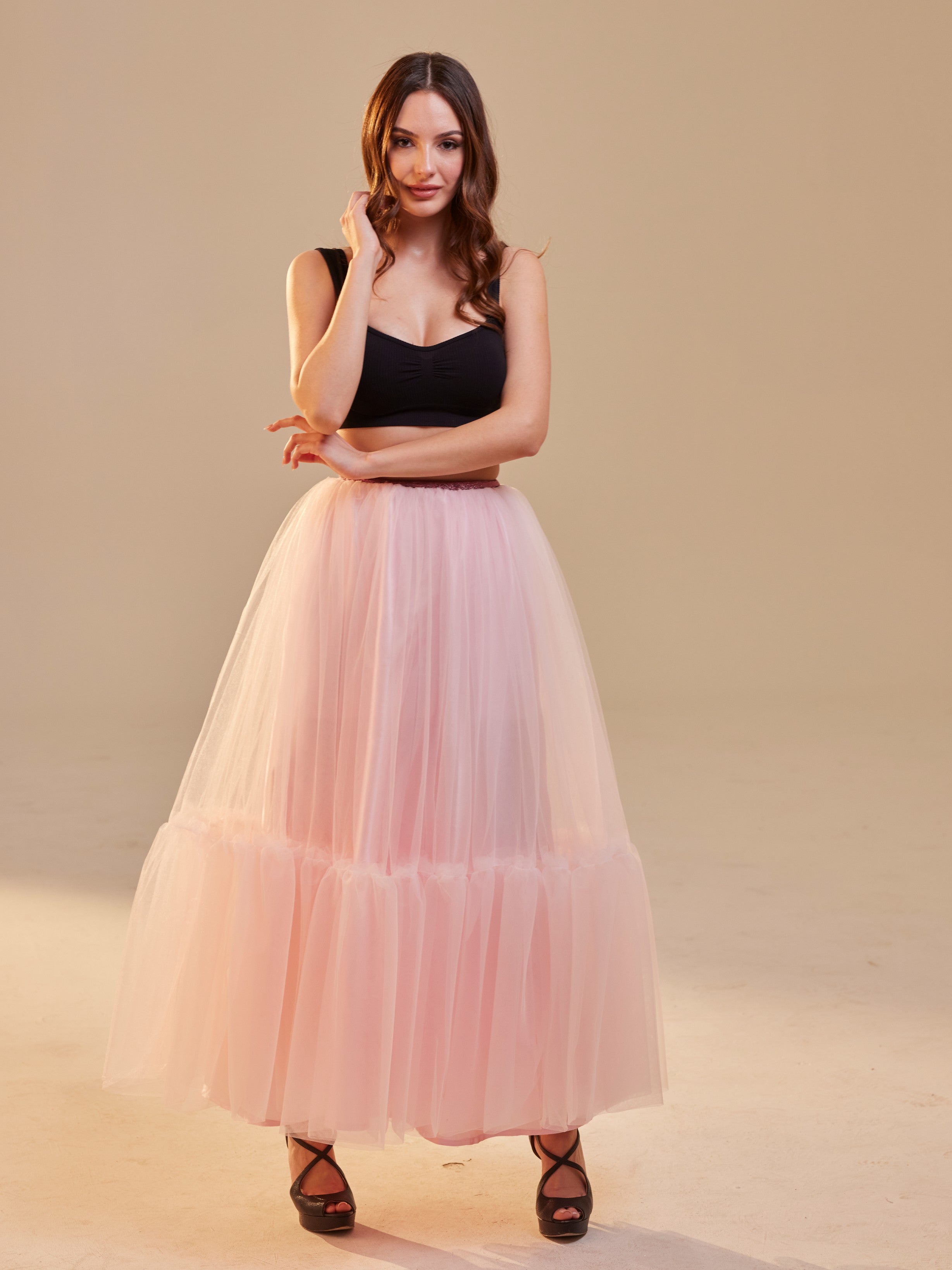 Pink Layered Tulle Skirt , Ruffled Maxi Skirt for Women, Long Tulle Skirt, Elegant Bridesmaid Skirt, – Bridal Port, view 2