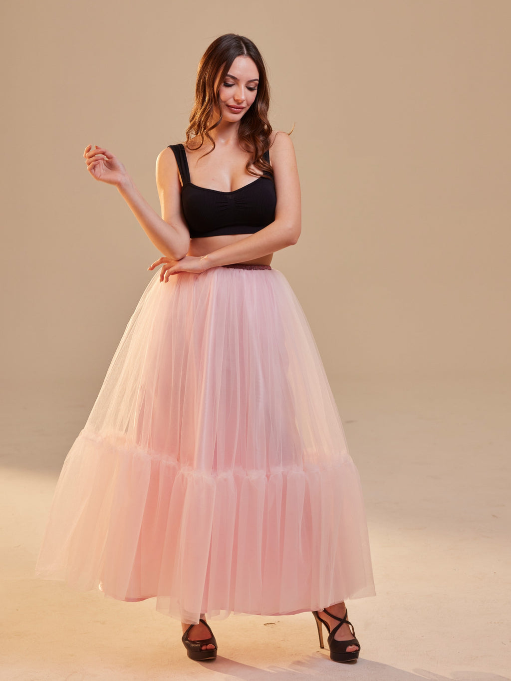 Pink Layered Tulle Skirt , Ruffled Maxi Skirt for Women, Long Tulle Skirt, Elegant Bridesmaid Skirt, – Bridal Port, view 10