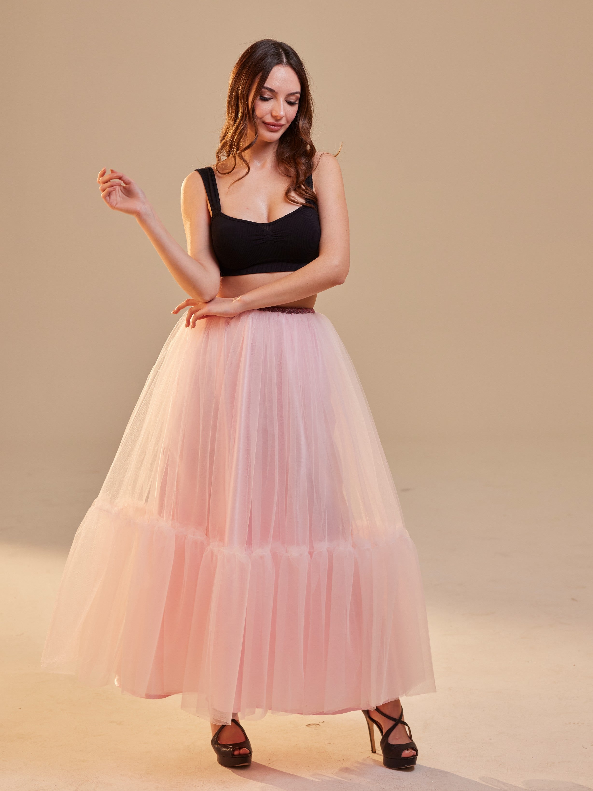 Pink Layered Tulle Skirt , Ruffled Maxi Skirt for Women, Long Tulle Skirt, Elegant Bridesmaid Skirt, – Bridal Port, view 10