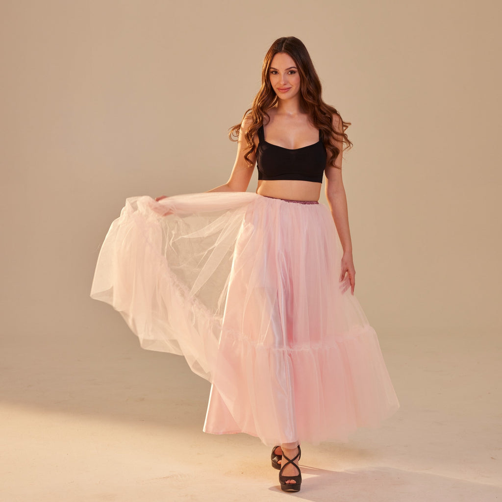 Pink Layered Tulle Skirt , Ruffled Maxi Skirt for Women, Long Tulle Skirt, Elegant Bridesmaid Skirt, – Bridal Port, view 3