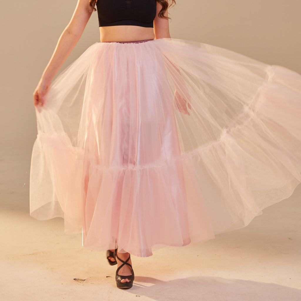 Pink Layered Tulle Skirt , Ruffled Maxi Skirt for Women, Long Tulle Skirt, Elegant Bridesmaid Skirt, – Bridal Port, view 4
