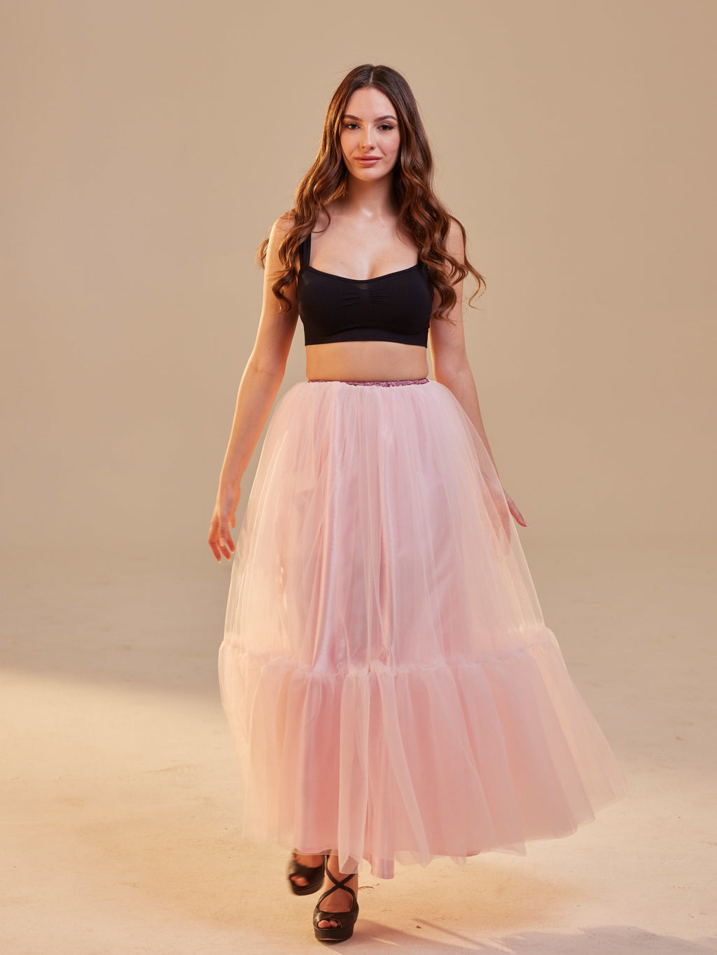 Pink Layered Tulle Skirt , Ruffled Maxi Skirt for Women, Long Tulle Skirt, Elegant Bridesmaid Skirt, – Bridal Port, view 5