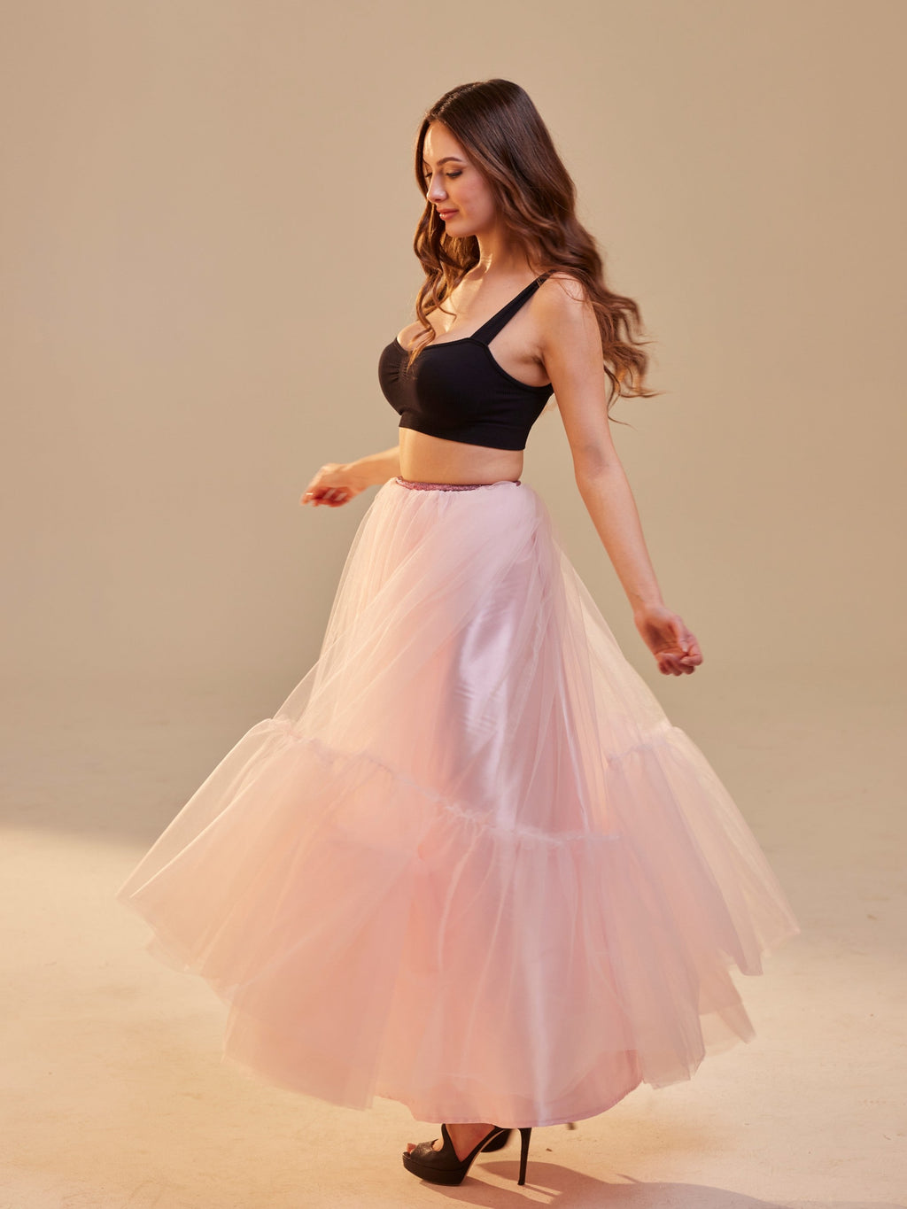 Pink Layered Tulle Skirt , Ruffled Maxi Skirt for Women, Long Tulle Skirt, Elegant Bridesmaid Skirt, – Bridal Port, view 6