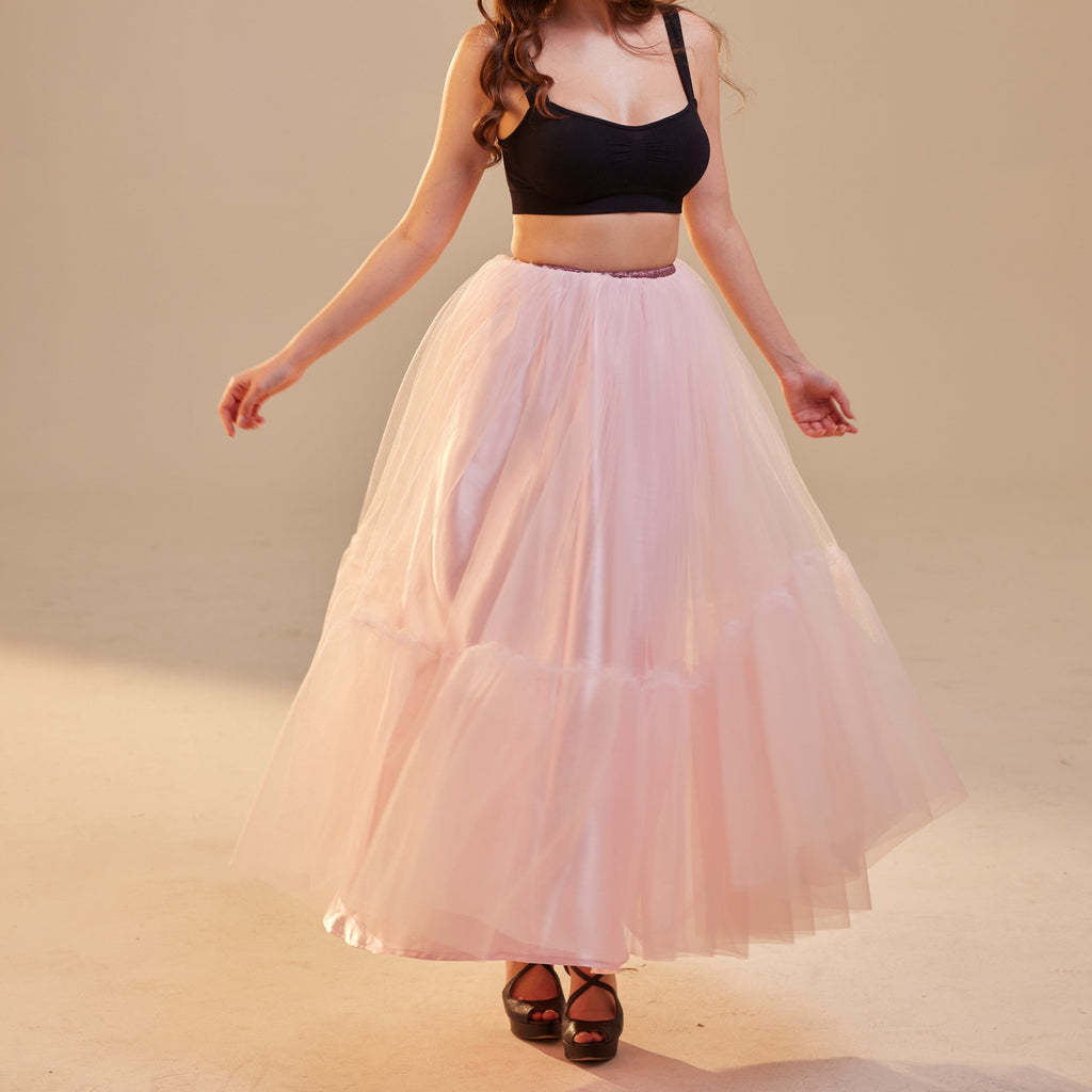 Pink Layered Tulle Skirt , Ruffled Maxi Skirt for Women, Long Tulle Skirt, Elegant Bridesmaid Skirt, – Bridal Port, view 7