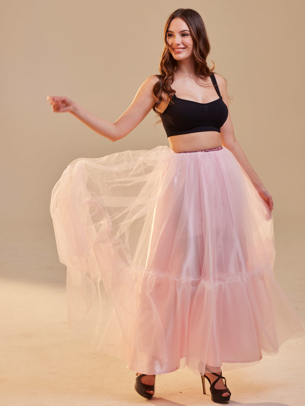 Pink Layered Tulle Skirt , Ruffled Maxi Skirt for Women, Long Tulle Skirt, Elegant Bridesmaid Skirt, – Bridal Port, view 8