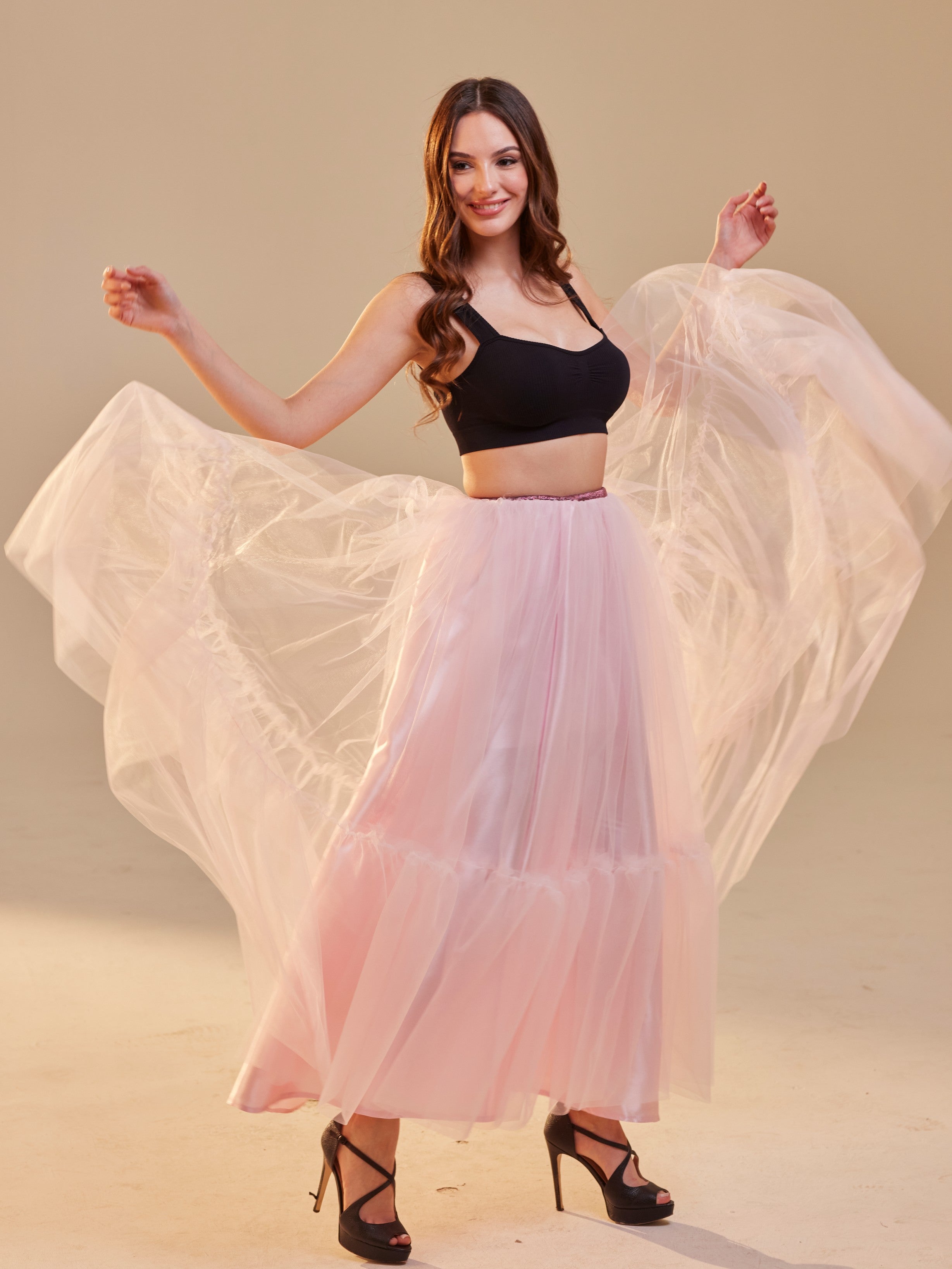 Pink Layered Tulle Skirt , Ruffled Maxi Skirt for Women, Long Tulle Skirt, Elegant Bridesmaid Skirt, – Bridal Port
