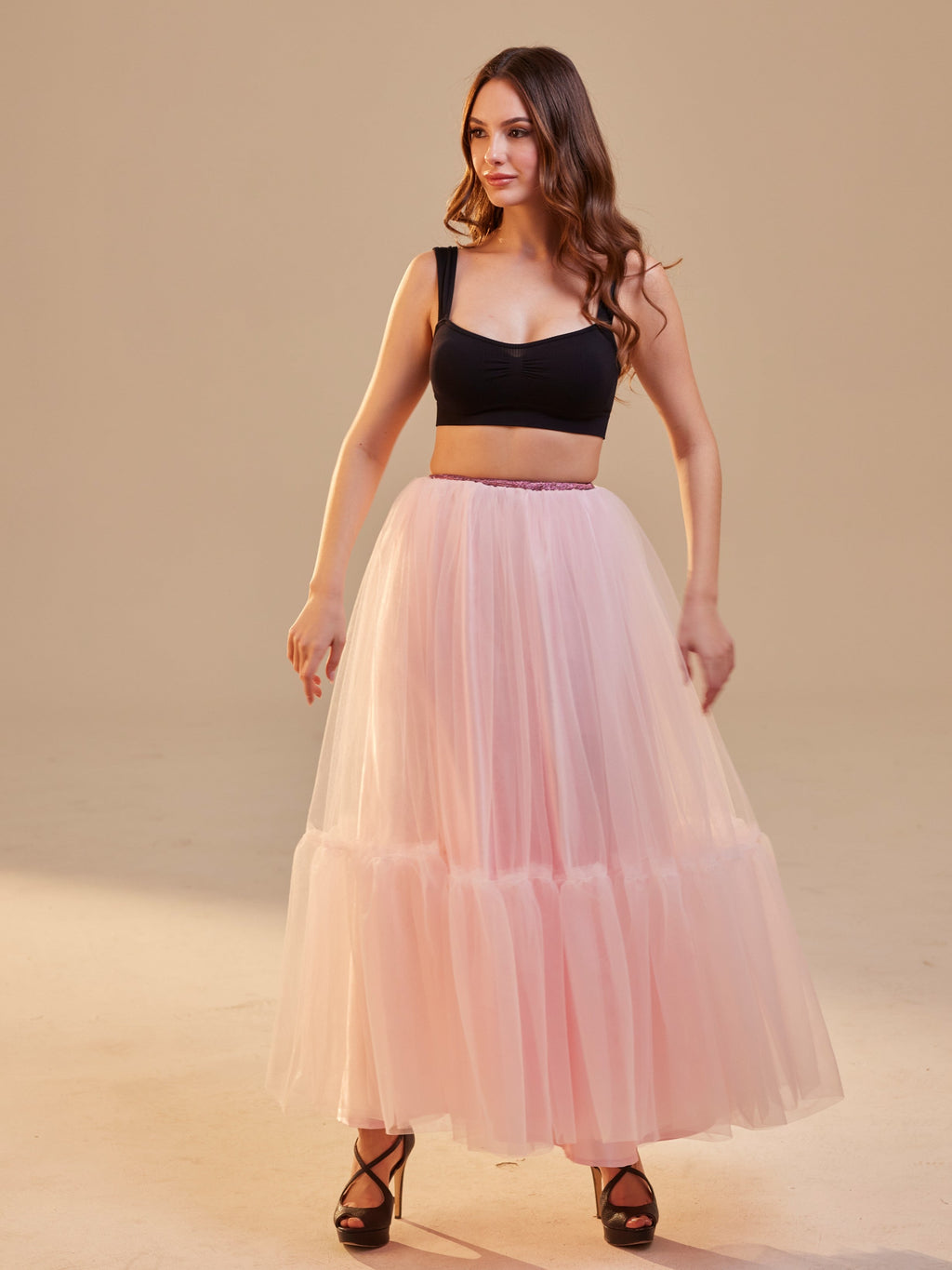 Pink Layered Tulle Skirt , Ruffled Maxi Skirt for Women, Long Tulle Skirt, Elegant Bridesmaid Skirt, – Bridal Port, view 9