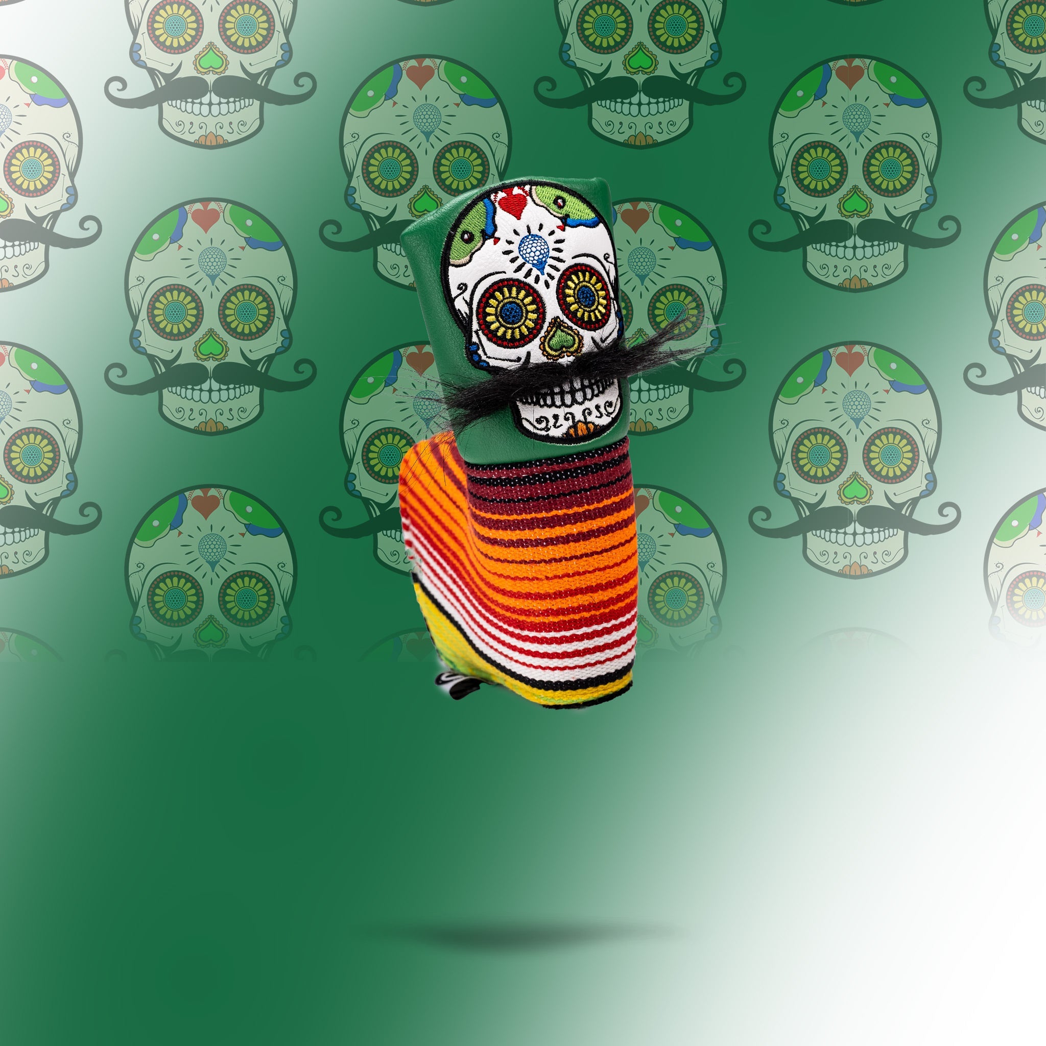 Pins and Aces Mustache Sugar Skull - Blade Putter Cover Green — fabric or material detail