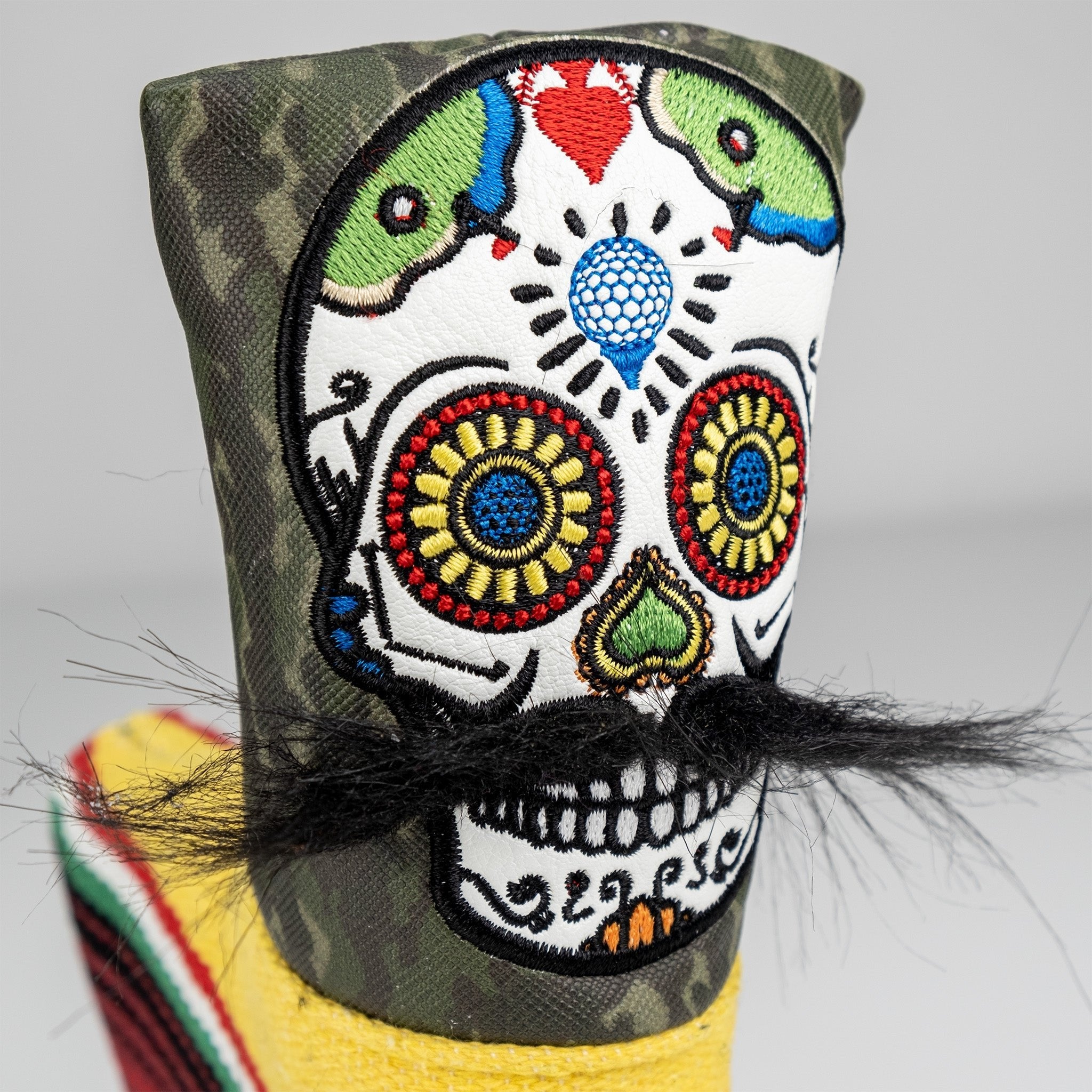 Pins and Aces Mustache Sugar Skull - Blade Putter Cover Green Camo — color detail