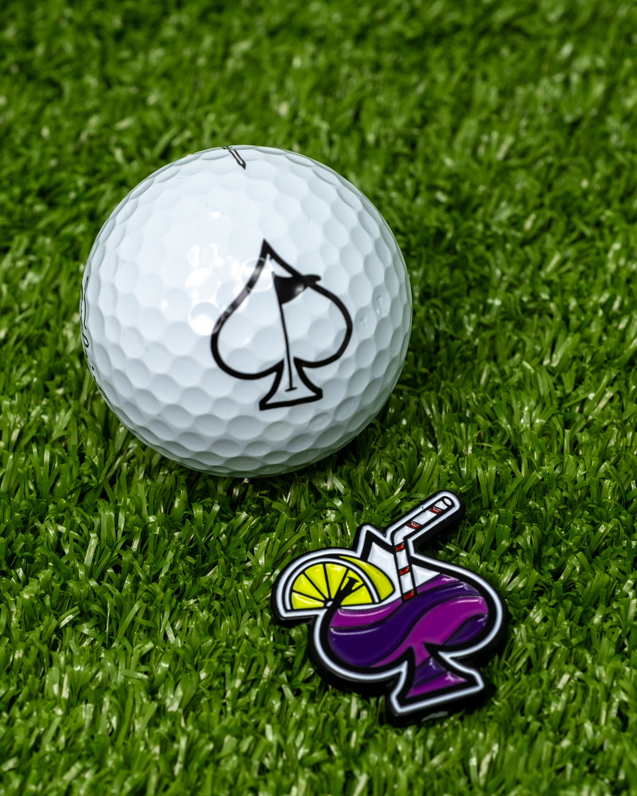 Pins and Aces Transfusion Spade Ball Marker — side view