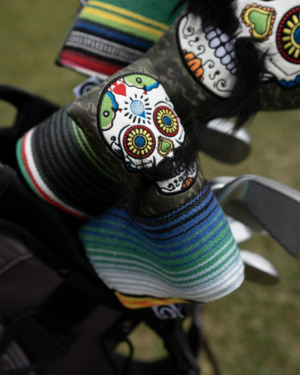 Pins and Aces Mustache Sugar Skull - Blade Putter Cover Green Camo — detail close-up