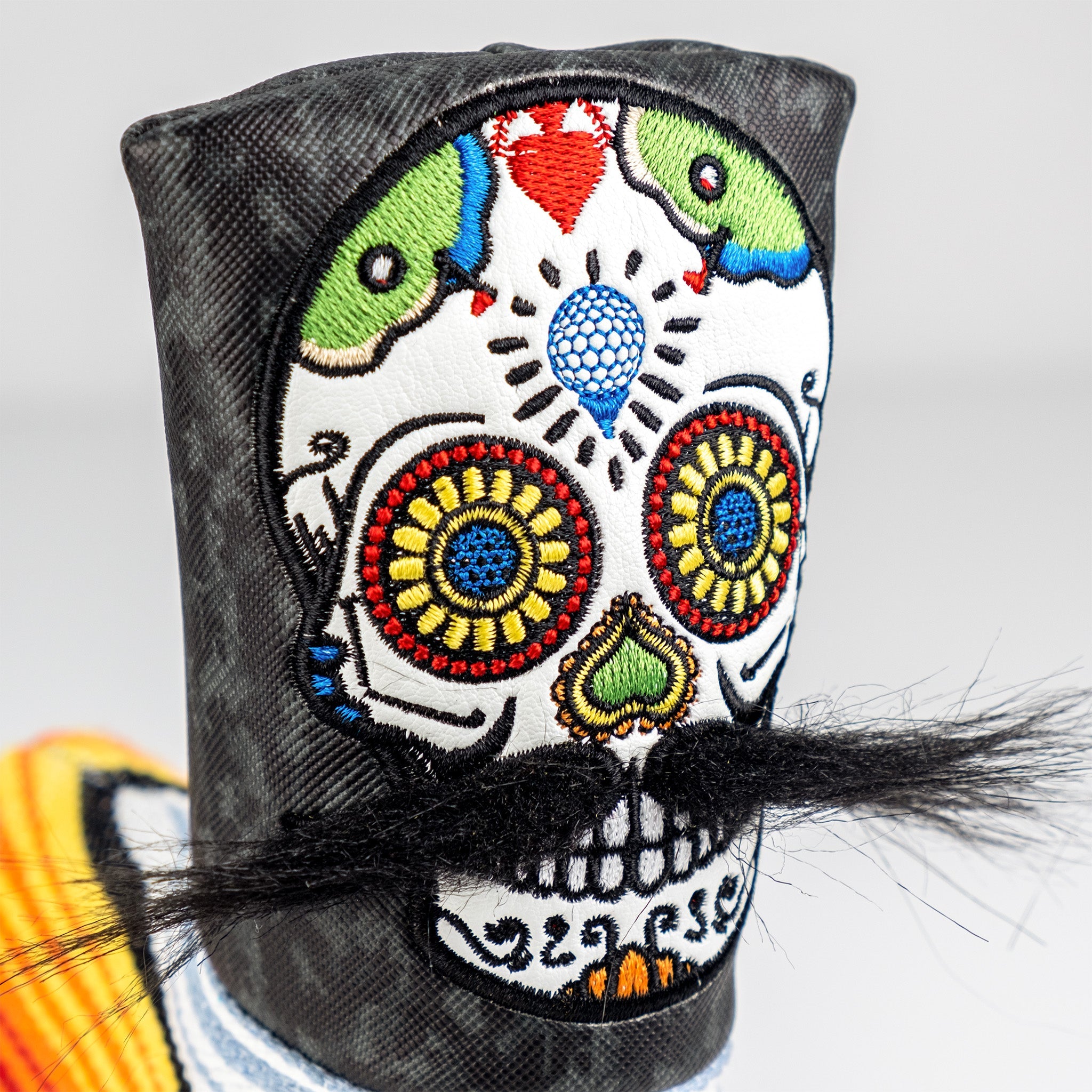 Pins and Aces Mustache Sugar Skull - Blade Putter Cover Gray Camo — in-use photo