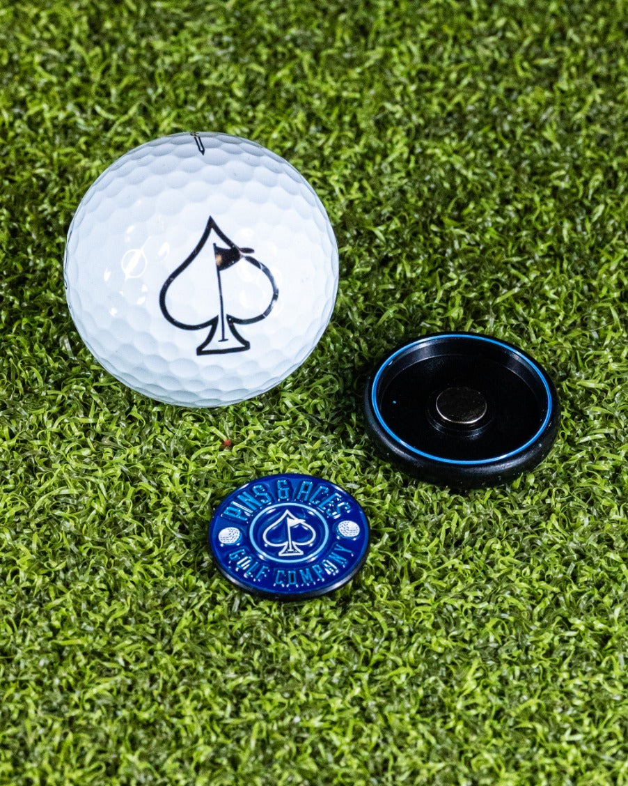 Pins and Aces Pop Out Medallion Ball Marker - Navy — in-use photo