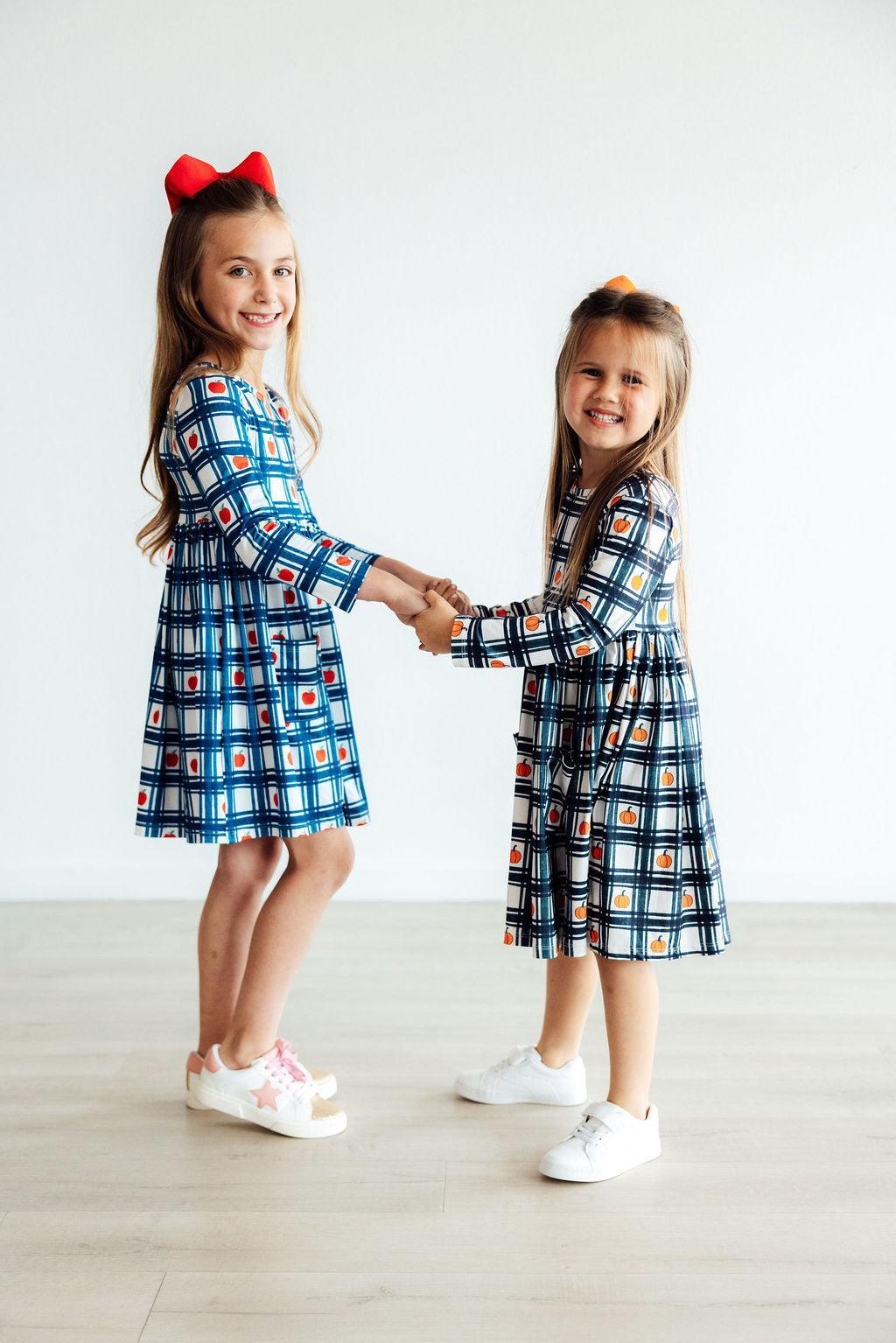 Mila & Rose ® Plaid Apples L/S Pocket Twirl Dress — detail close-up