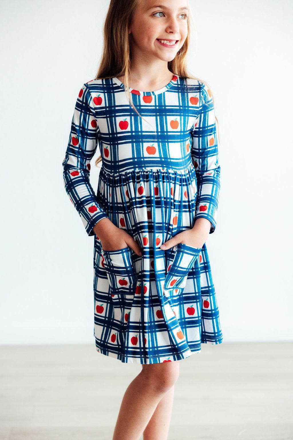 Mila & Rose ® Plaid Apples L/S Pocket Twirl Dress — side view